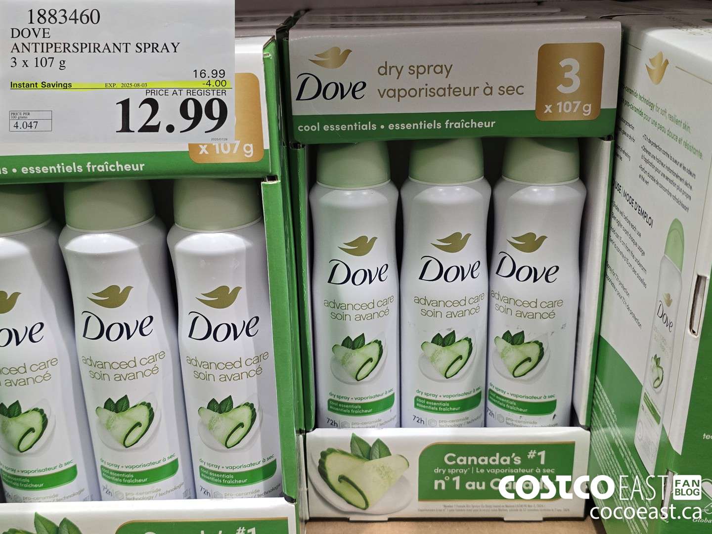 1883460 DOVE ANTIPERSPIRANT SPRAY 3 x 107 g ($4.00 INSTANT SAVINGS EXPIRES ON 2025-08-03) $12.99