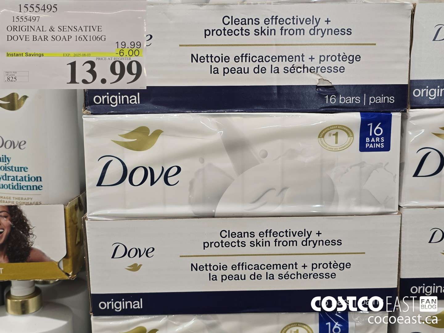1555495 DOVE BAR SOAP ORIGINAL 16 x 106 g ($6.00 INSTANT SAVINGS EXPIRES ON 2025-08-03) $13.99