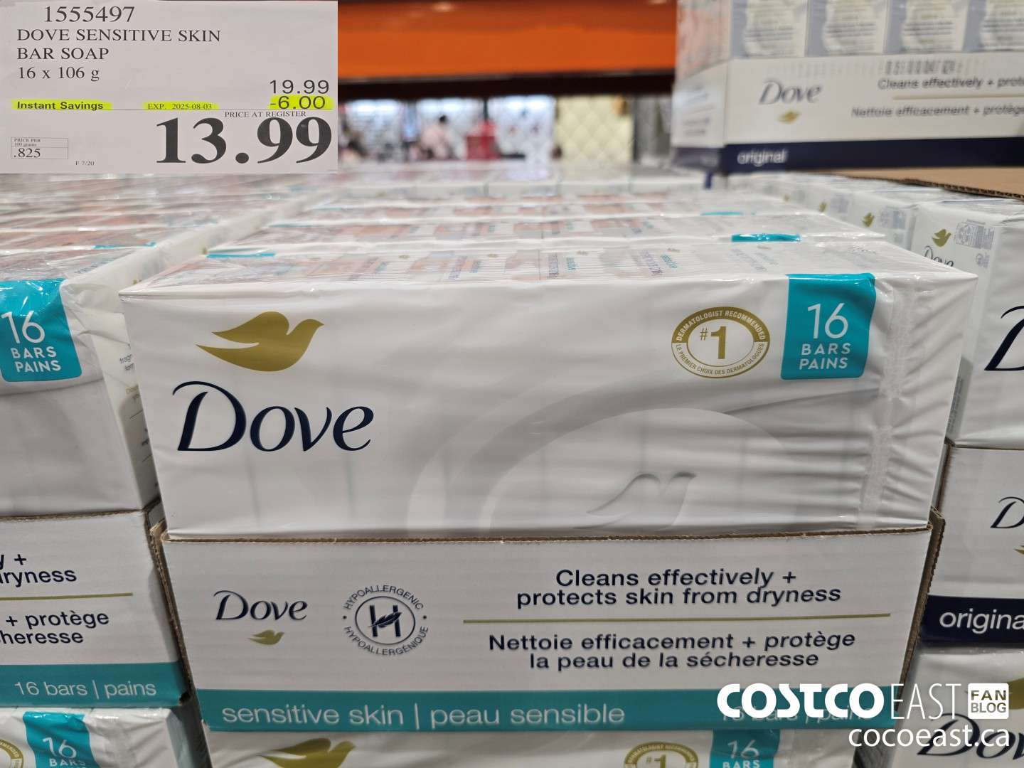 1555497 DOVE BAR SOAP SENSITIVE 16 x 106 g ($6.00 INSTANT SAVINGS EXPIRES ON 2025-08-03) $13.99
