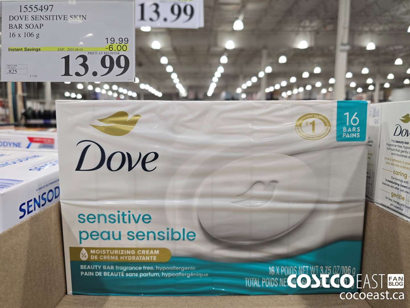 1555497 DOVE BAR SOAP SENSITIVE 16 x 106 g ($6.00 INSTANT SAVINGS EXPIRES ON 2025-08-03) $13.99