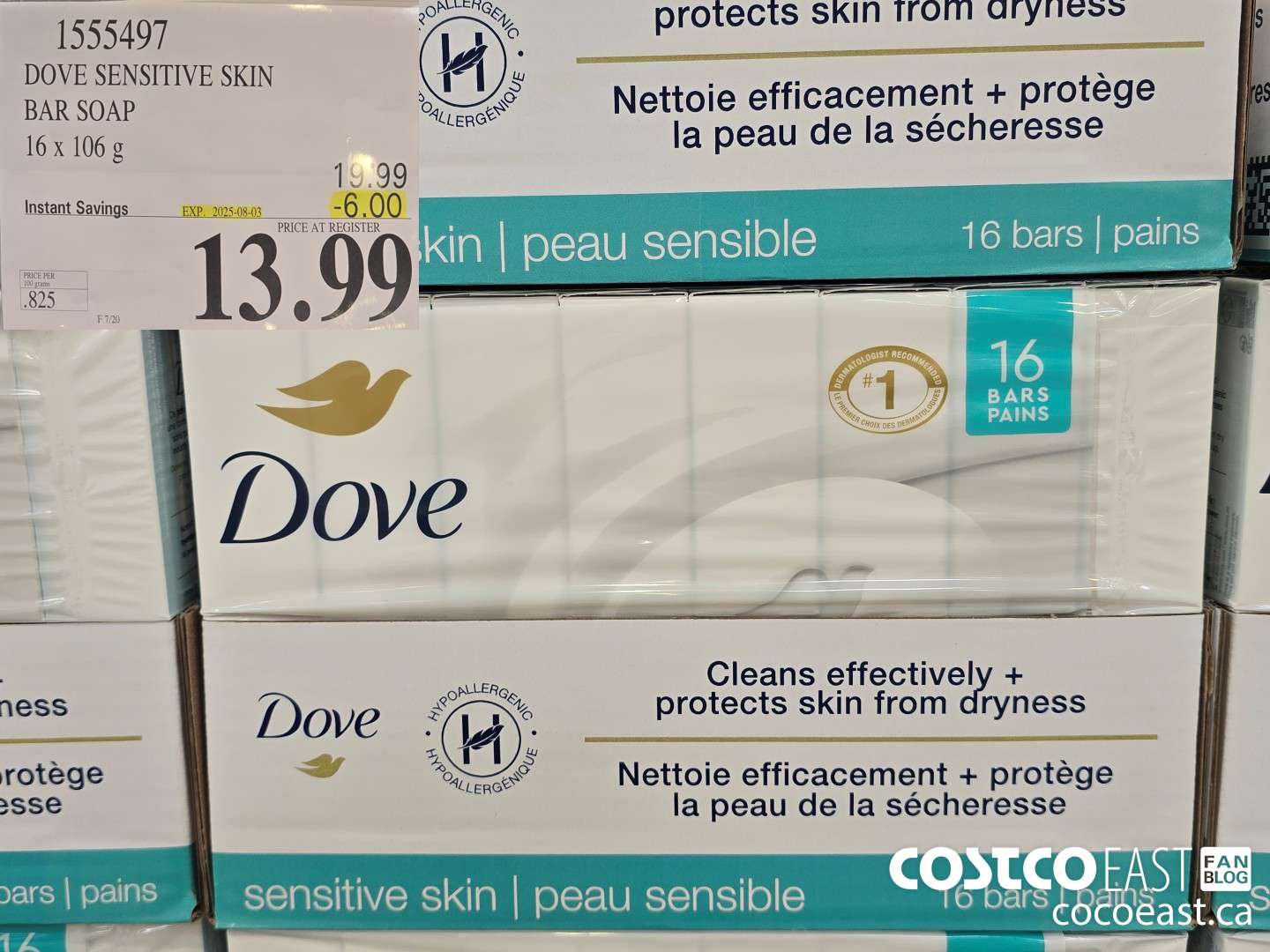 1555497 DOVE BAR SOAP SENSITIVE 16 x 106 g ($6.00 INSTANT SAVINGS EXPIRES ON 2025-08-03) $13.99