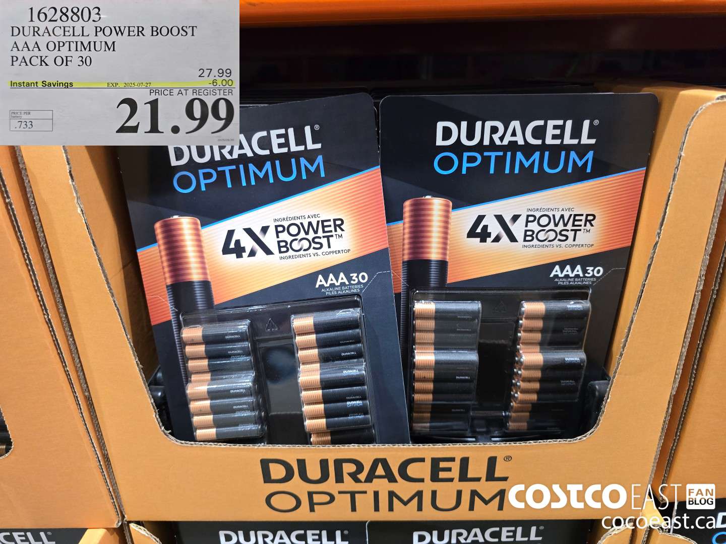 1628803 DURACELL POWER BOOST AAA OPTIMUM PACK OF 30 ($6.00 INSTANT SAVINGS EXPIRES ON 2025-07-27) $21.99