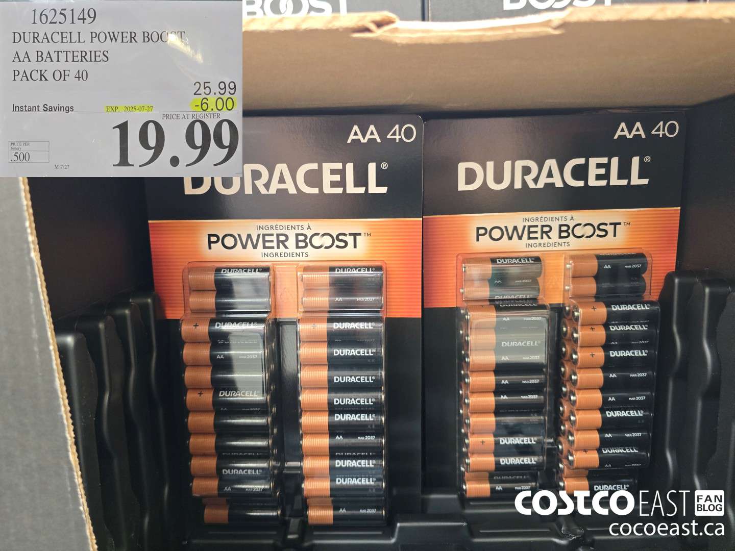 1625149 DURACELL POWER BOOST AA BATTERIES PACK OF 40 ($6.00 INSTANT SAVINGS EXPIRES ON 2025-07-27) $19.99