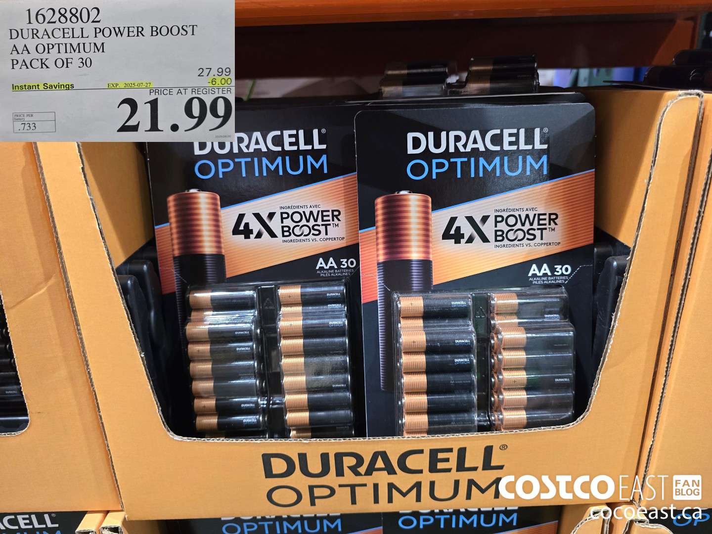 1628802 DURACELL POWER BOOST AA OPTIMUM PACK OF 30 ($6.00 INSTANT SAVINGS EXPIRES ON 2025-07-27) $21.99