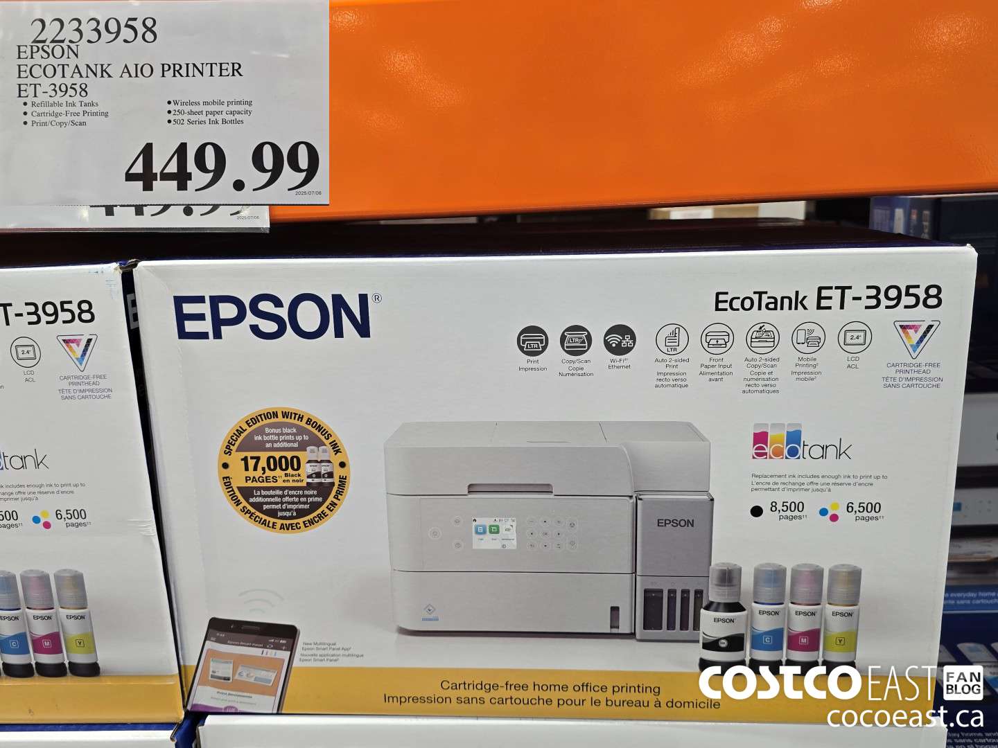 2233958 EPSON ECOTANK AIO PRINTER ET-3958 $449.99