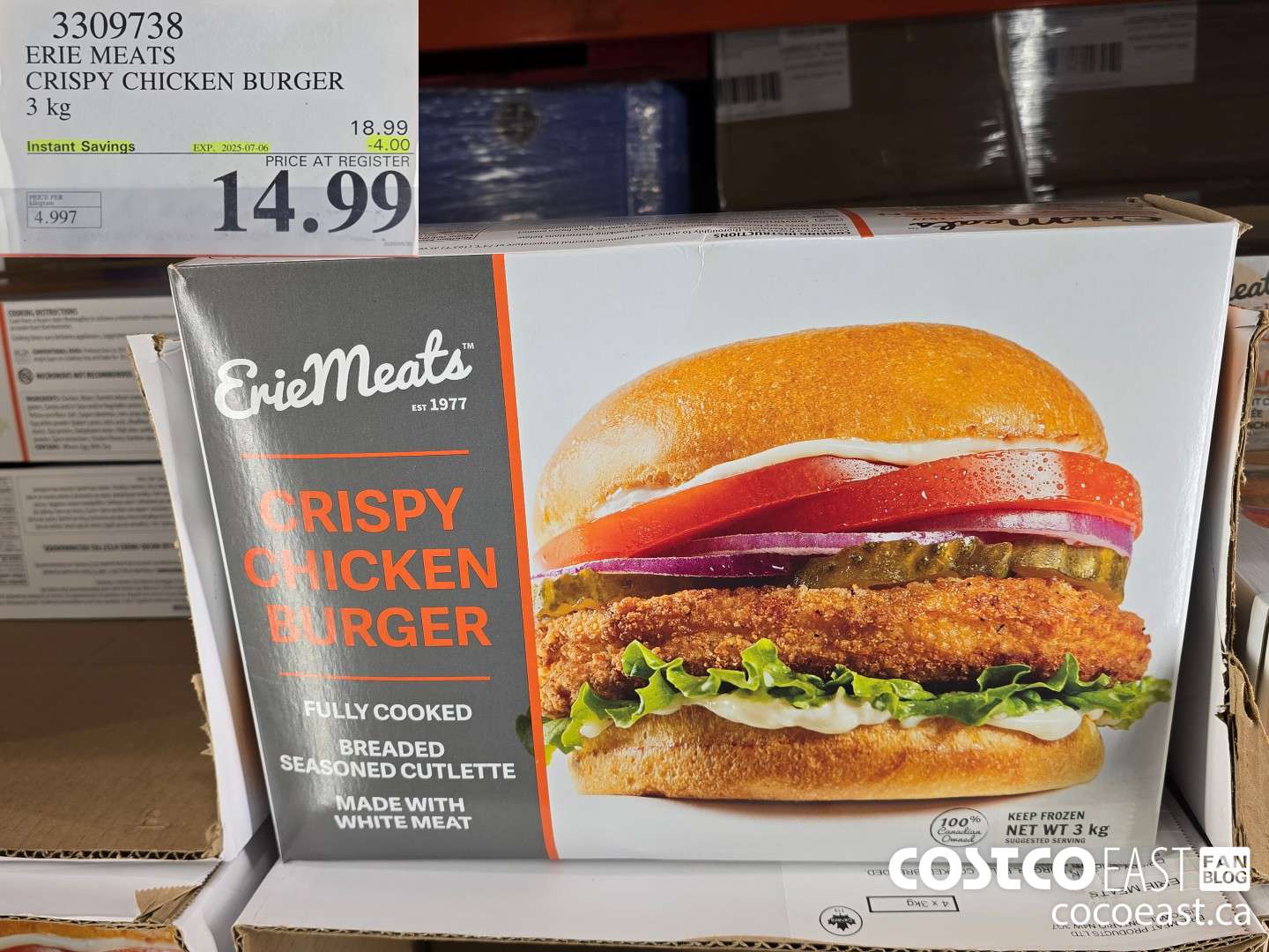 3309738 ERIE MEATS CRISPY CHICKEN BURGER 3 kg ($4.00 INSTANT SAVINGS EXPIRES ON 2025-07-06) $14.99