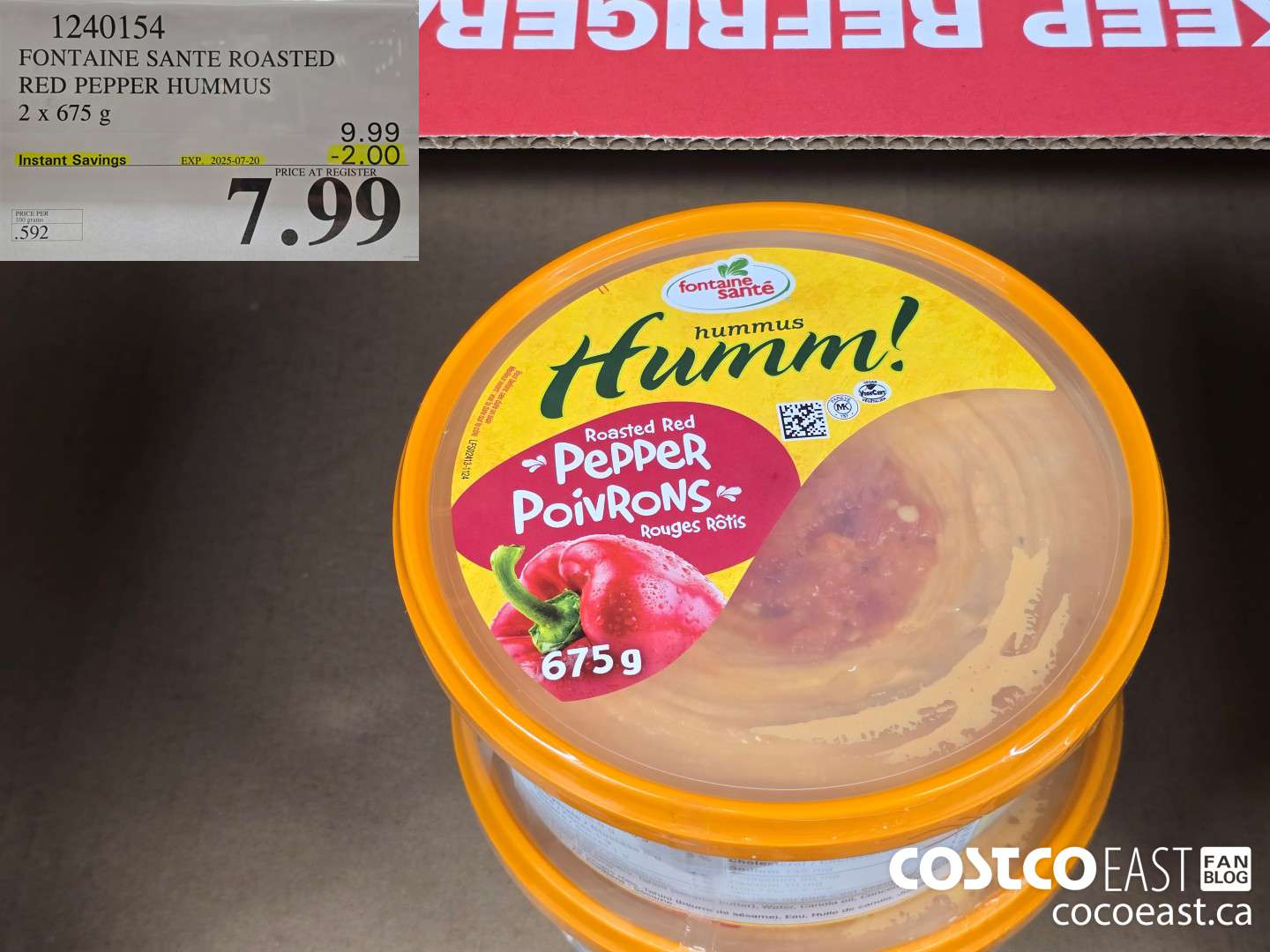 1240154 FONTAINE SANTE ROASTED RED PEPPER HUMMUS 2 x 675 g ($2.00 INSTANT SAVINGS EXPIRES ON 2025-07-20) $7.99