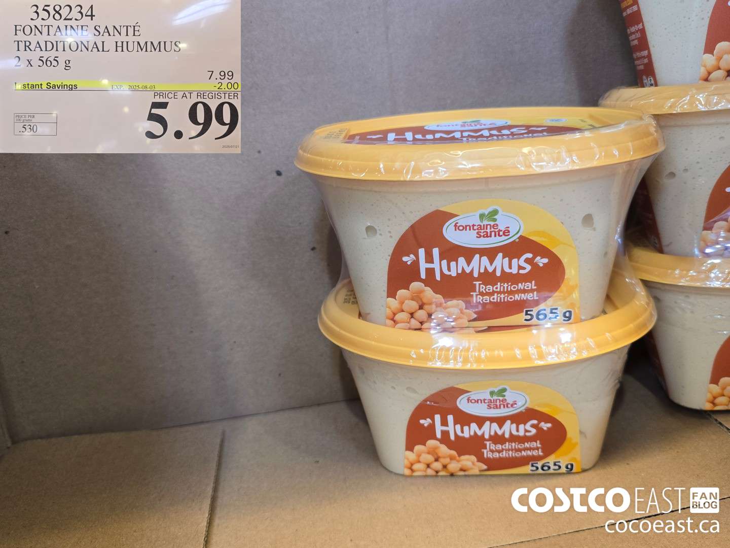 358234 FONTAINE SANTE TRADITIONAL HUMMUS 2 x 565 G ($2.00 INSTANT SAVINGS EXPIRES ON 2025-08-03) $5.99