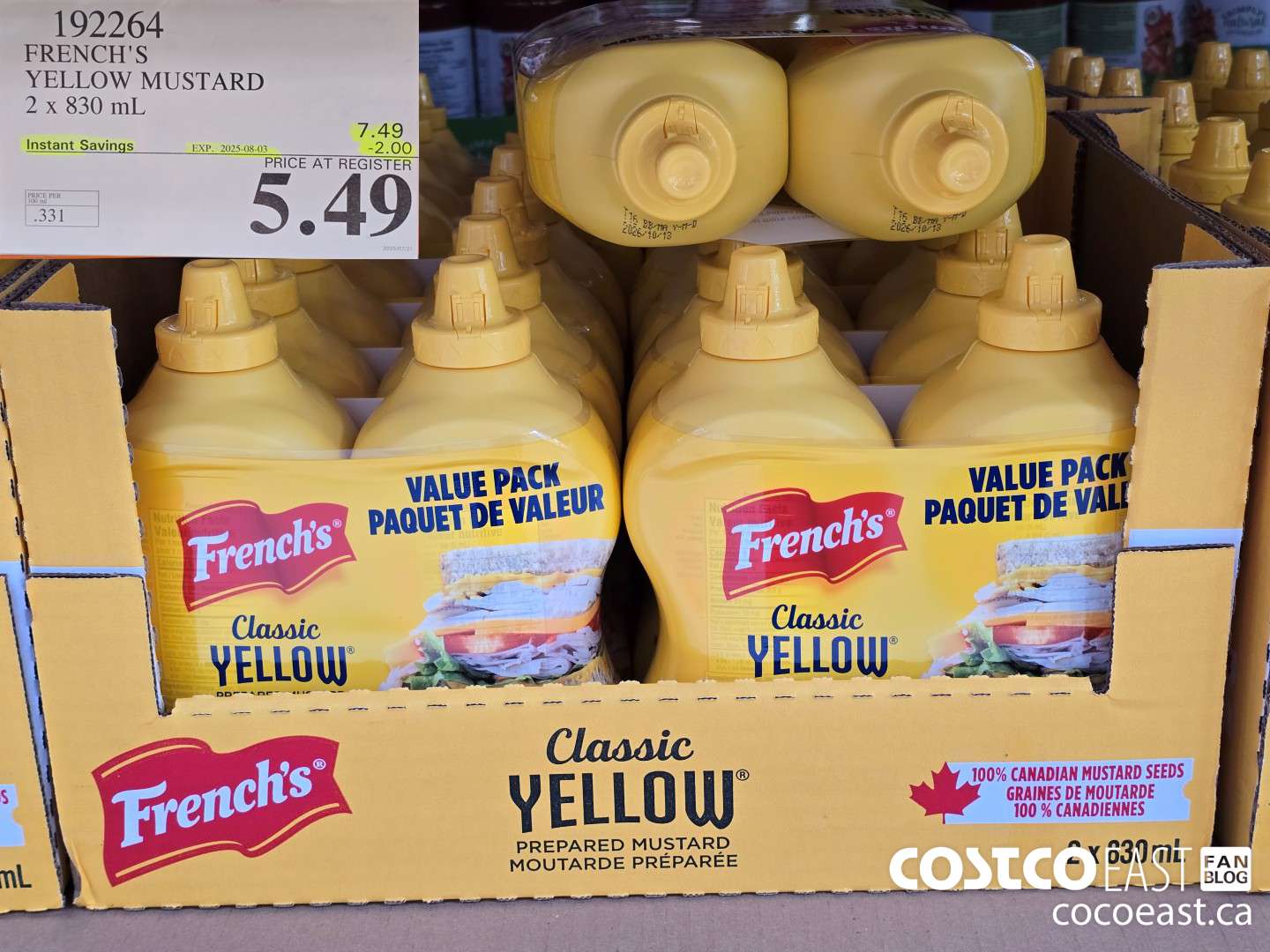 192264 FRENCH'S YELLOW MUSTARD 2 X 830 ML ($2.00 INSTANT SAVINGS EXPIRES ON 2025-08-03) $5.49