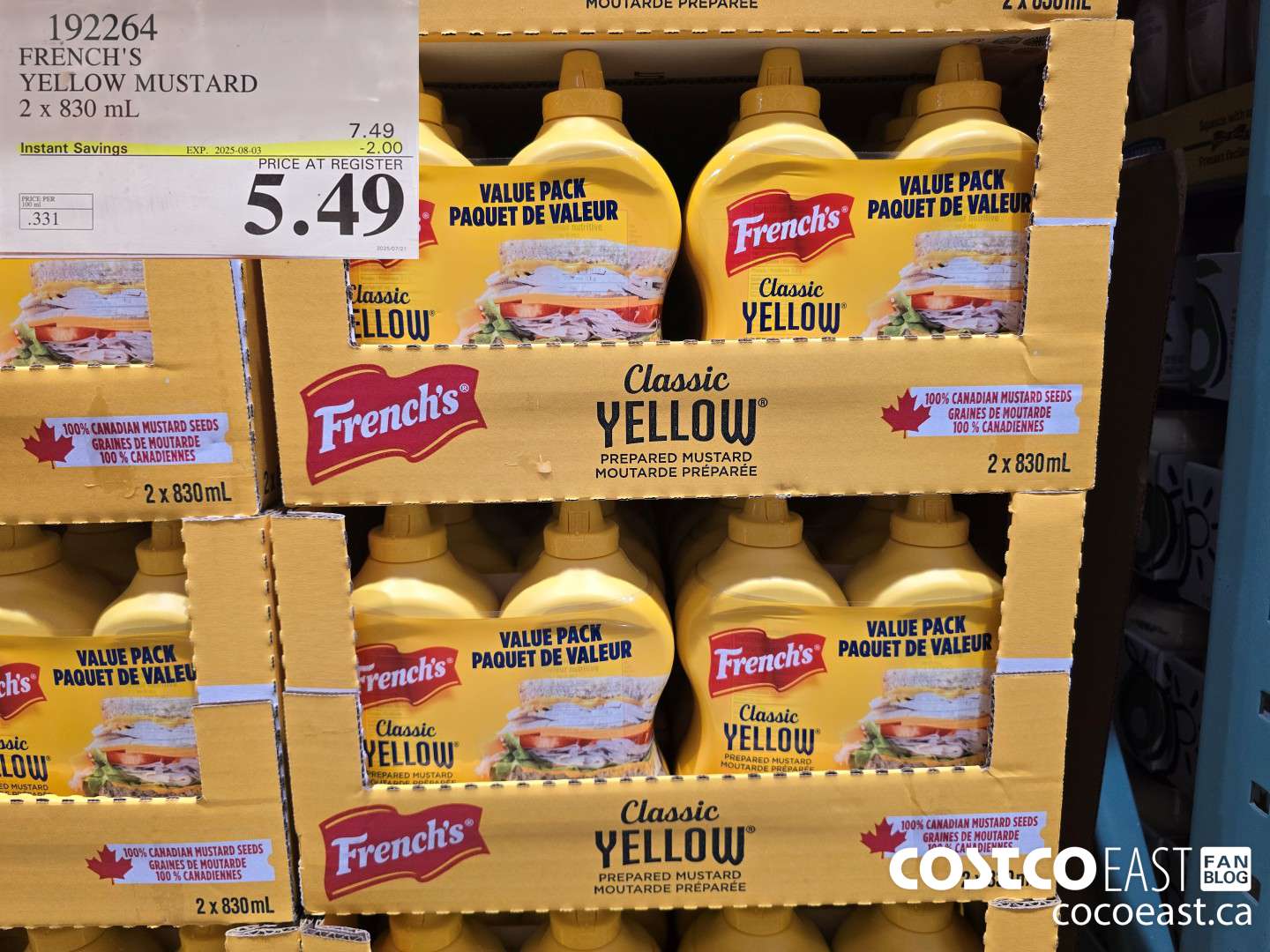 192264 FRENCH'S YELLOW MUSTARD 2 X 830 ML ($2.00 INSTANT SAVINGS EXPIRES ON 2025-08-03) $5.49