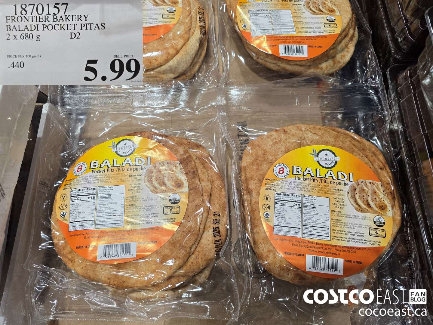 1870157 FRONTIER BAKERY BALADI POCKET PITAS 2 X 680 G $5.99