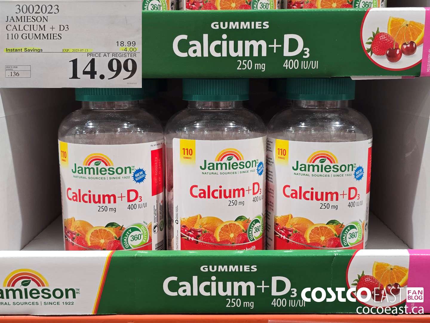 3002023 JAMIESON CALCIUM 250MG+D3 400IU 110 GUMMIES ($4.00 INSTANT SAVINGS EXPIRES ON 2025-07-13) $14.99
