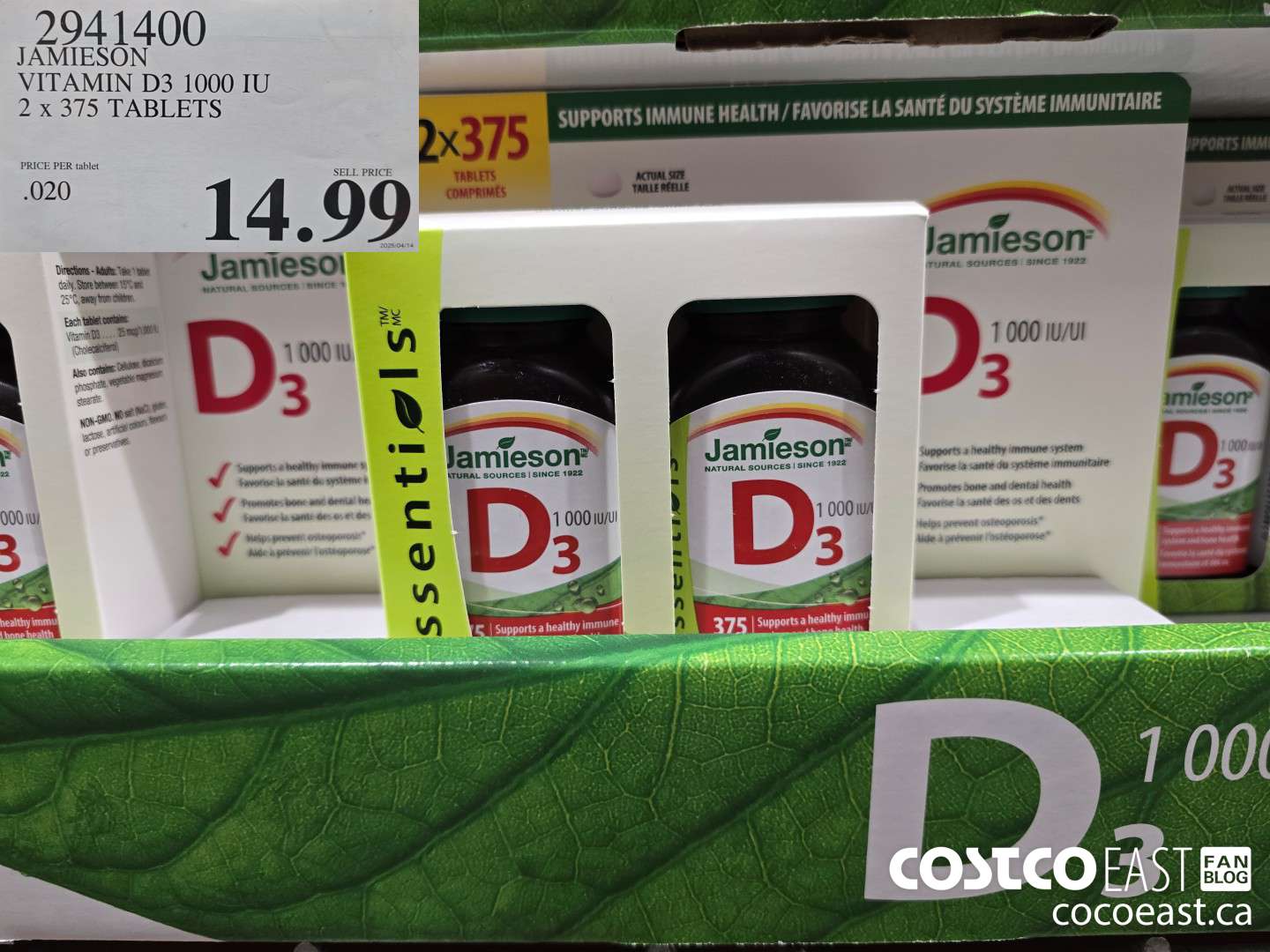 2941400 JAMIESON VITAMIN D3 1000 IU 2 X 375 TABLETS $14.99