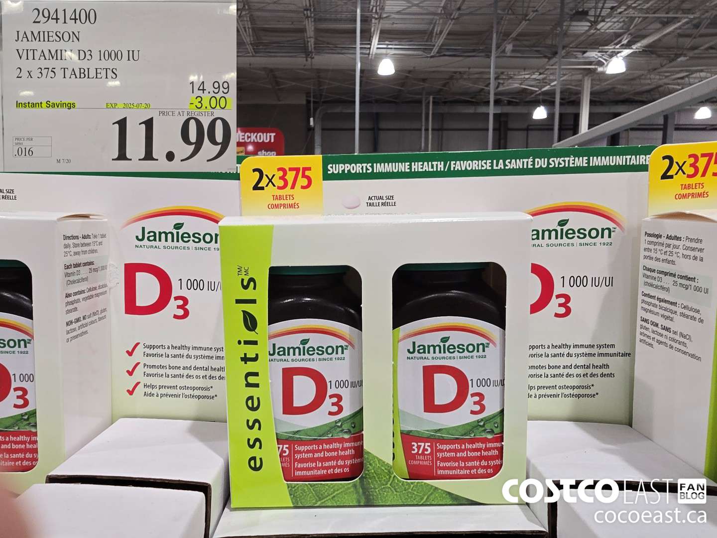 2941400 JAMIESON VITAMIN D3 1000 IU 2 X 375 TABLETS ($3.00 INSTANT SAVINGS EXPIRES ON 2025-07-20) $11.99