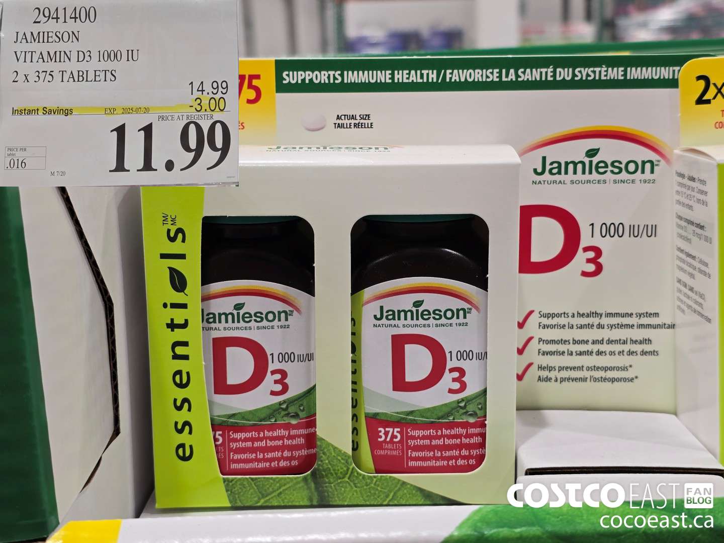 2941400 JAMIESON VITAMIN D3 1000 IU 2 X 375 TABLETS ($3.00 INSTANT SAVINGS EXPIRES ON 2025-07-20) $11.99