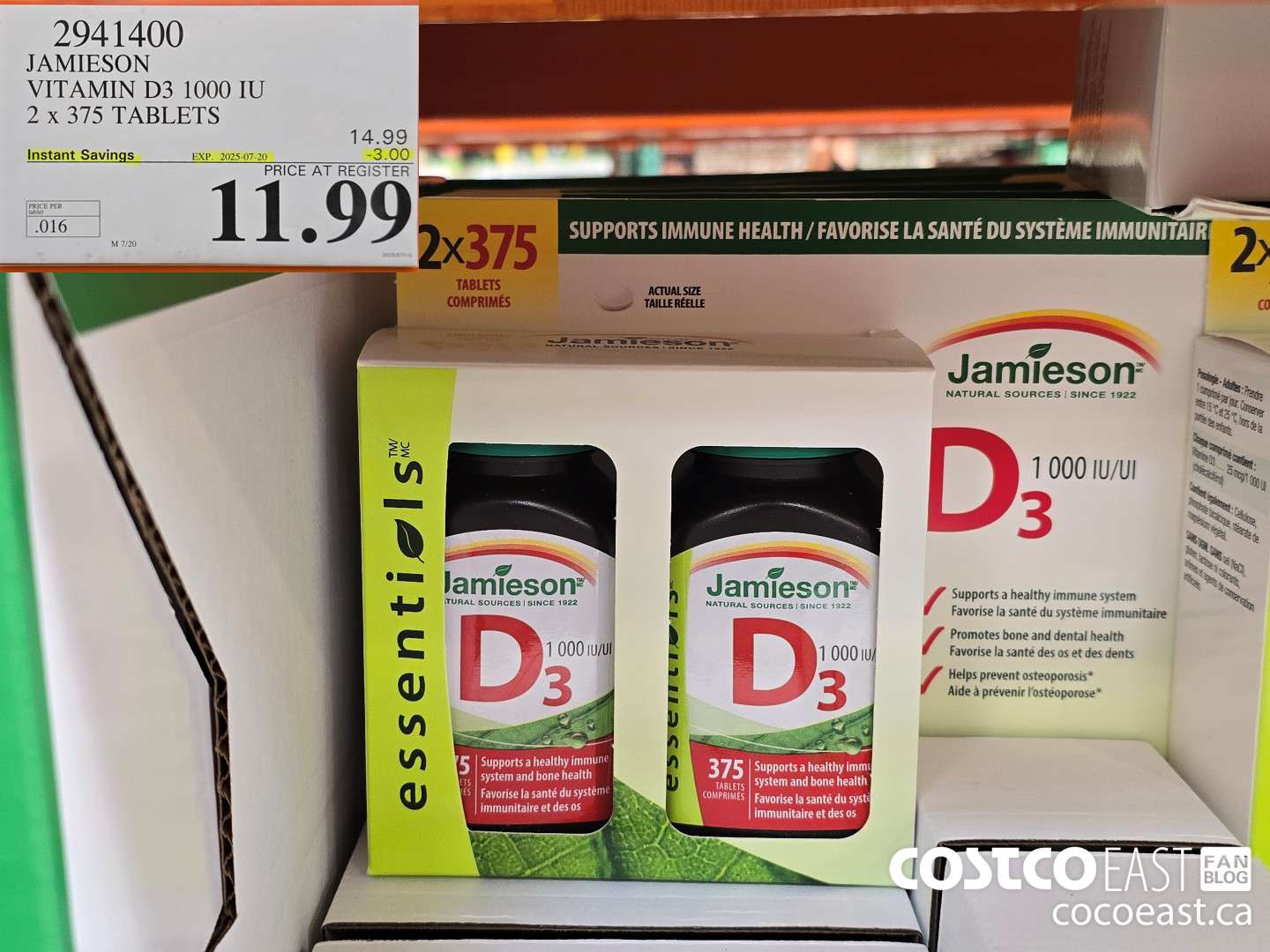 2941400 JAMIESON VITAMIN D3 1000 IU 2 X 375 TABLETS ($3.00 INSTANT SAVINGS EXPIRES ON 2025-07-20) $11.99
