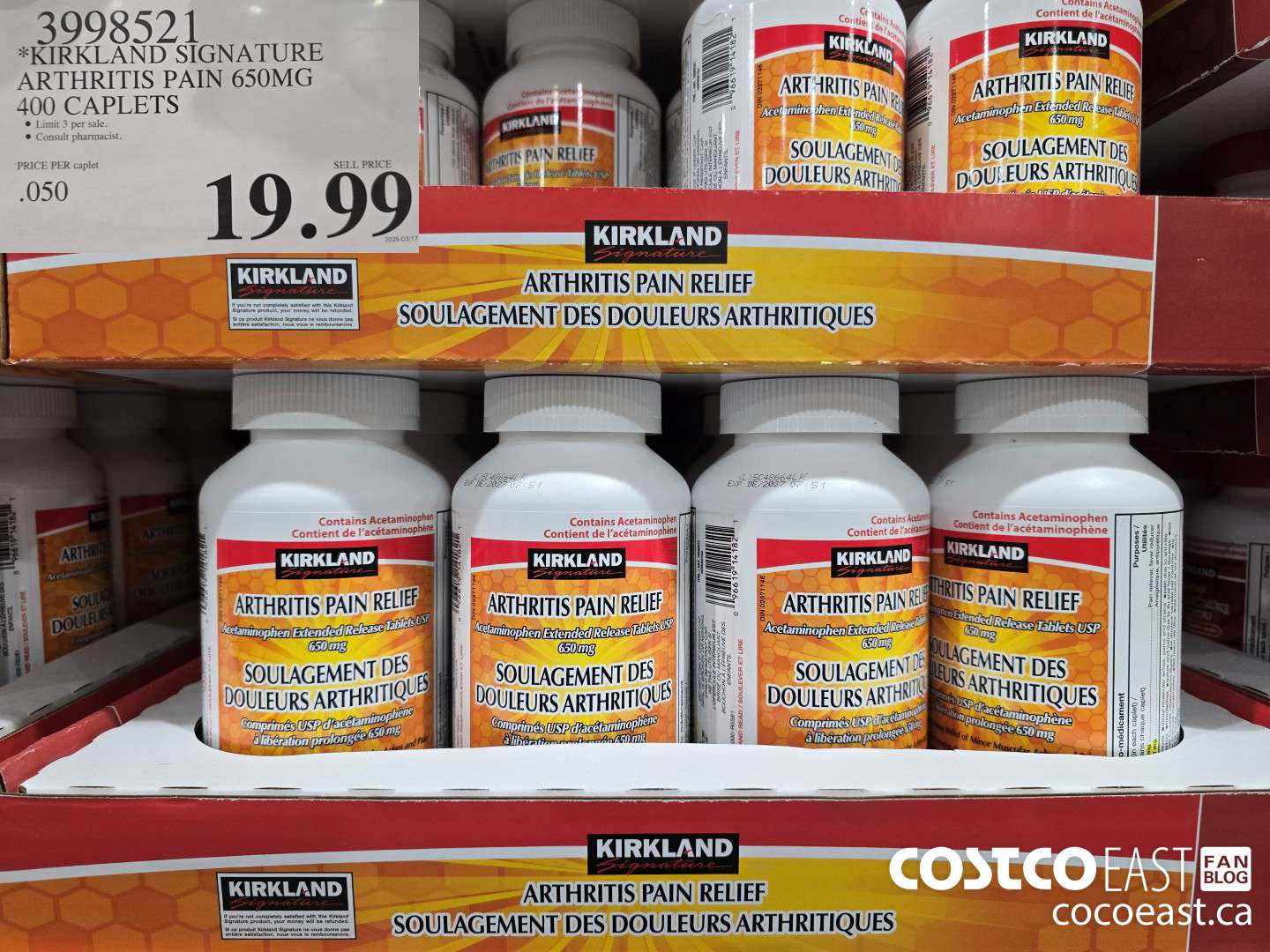 3998521 KIRKLAND SIGNATURE ARTHRITIS PAIN 650MG 400 CAPLETS $19.99