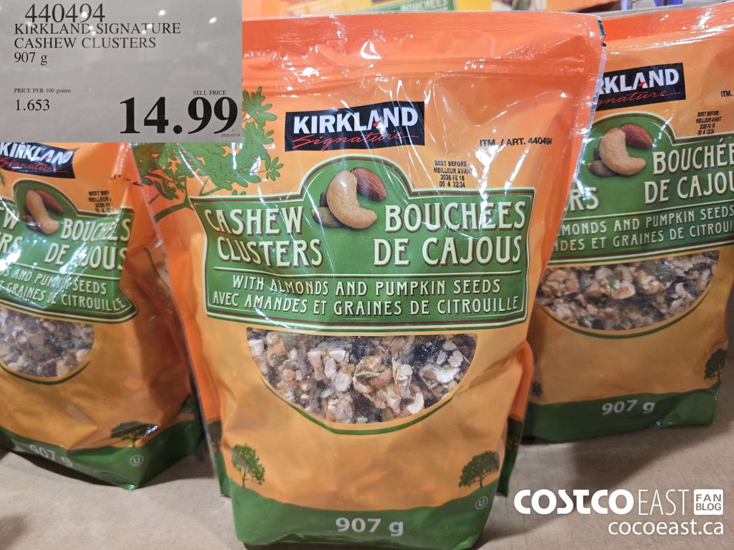 440494 KIRKLAND SIGNATURE CASHEW CLUSTERS 907 G $14.99