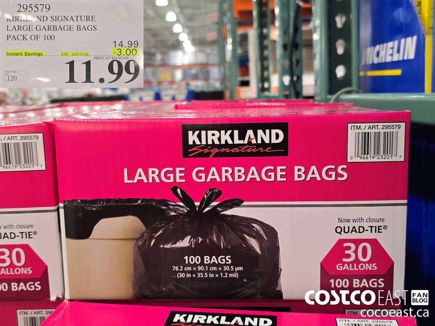 295579 KIRKLAND SIGNATURE LARGE GARBAGE BAGS PACK OF 100 ($3.00 INSTANT SAVINGS EXPIRES ON 2025-07-06) $11.99