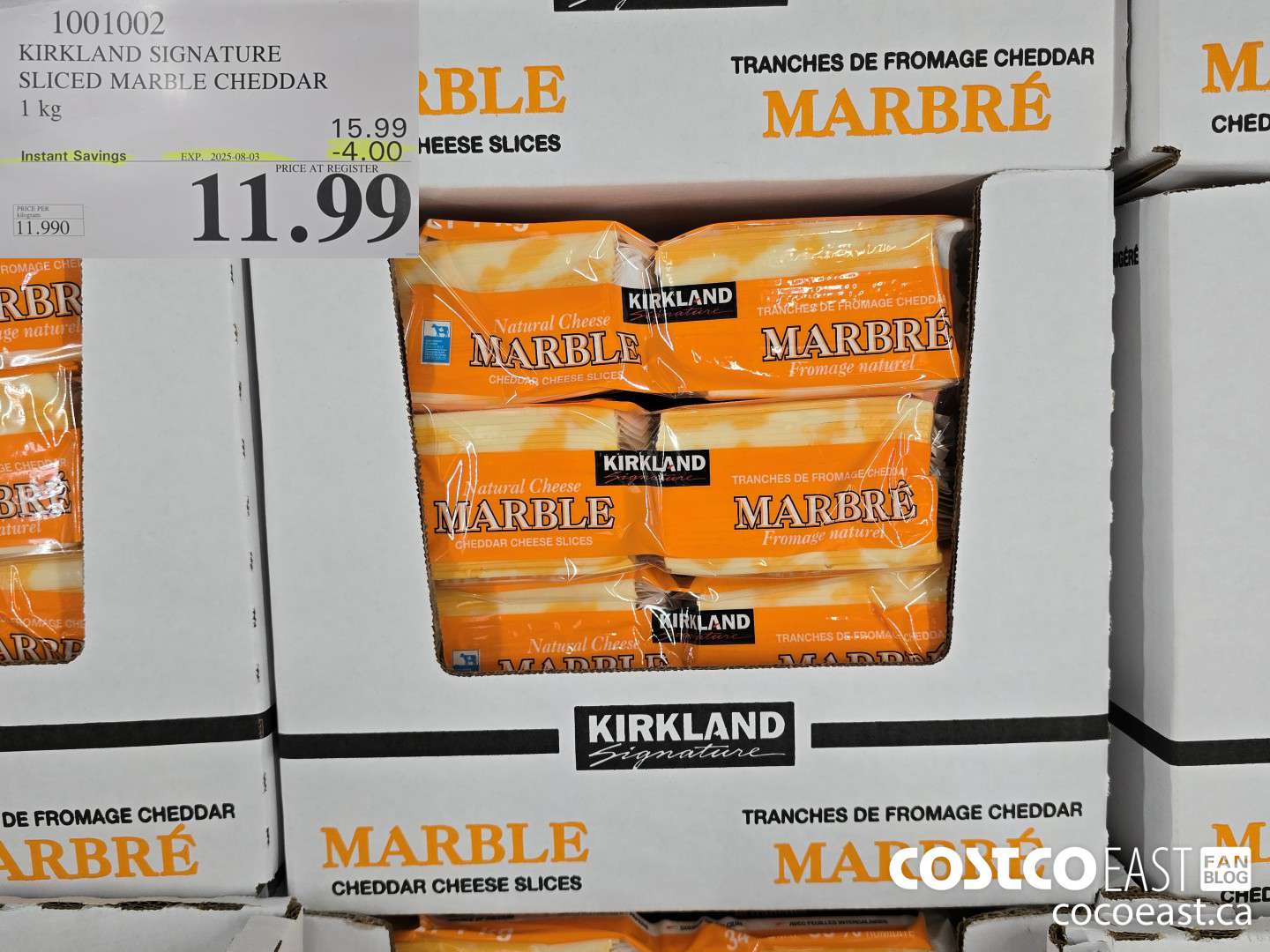1001002 KIRKLAND SIGNATURE SLICED MARBLE CHEDDAR 1 KG ($4.00 INSTANT SAVINGS EXPIRES ON 2025-08-03) $11.99