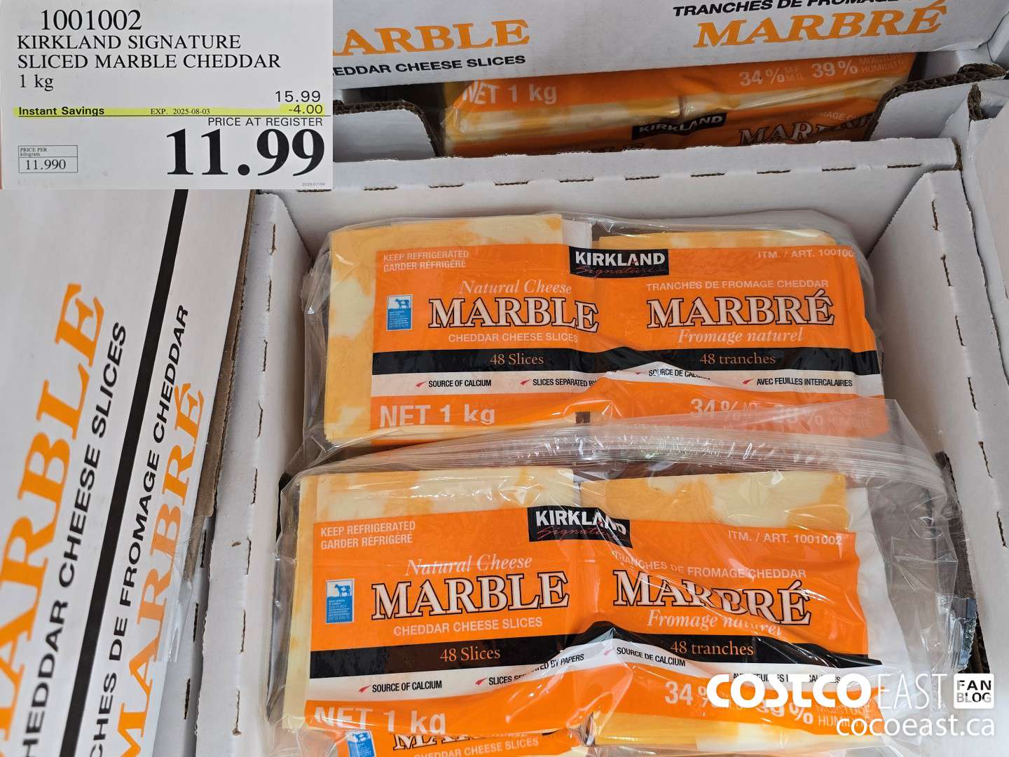 1001002 KIRKLAND SIGNATURE SLICED MARBLE CHEDDAR 1 KG ($4.00 INSTANT SAVINGS EXPIRES ON 2025-08-03) $11.99