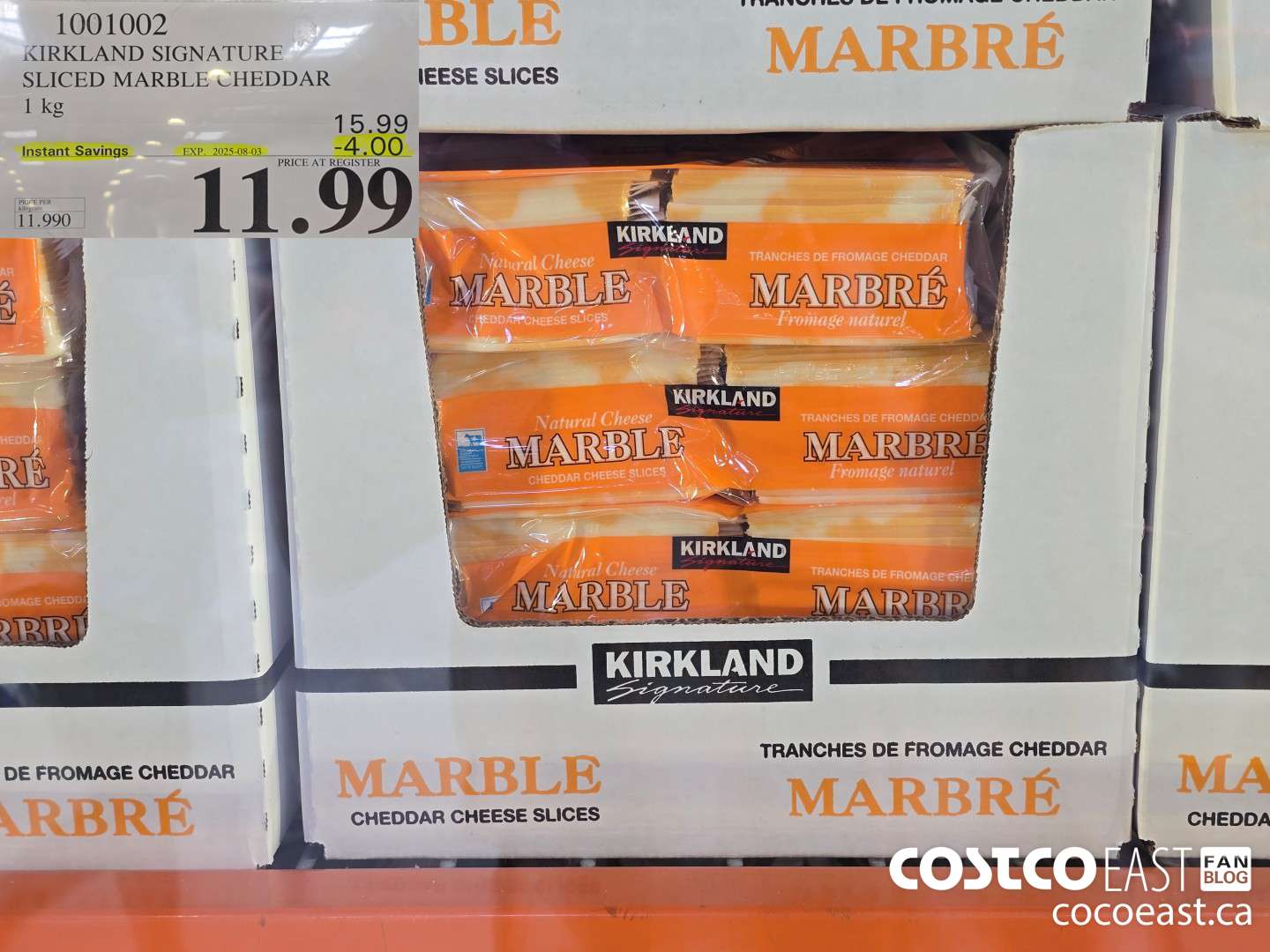 1001002 KIRKLAND SIGNATURE SLICED MARBLE CHEDDAR 1 KG ($4.00 INSTANT SAVINGS EXPIRES ON 2025-08-03) $11.99