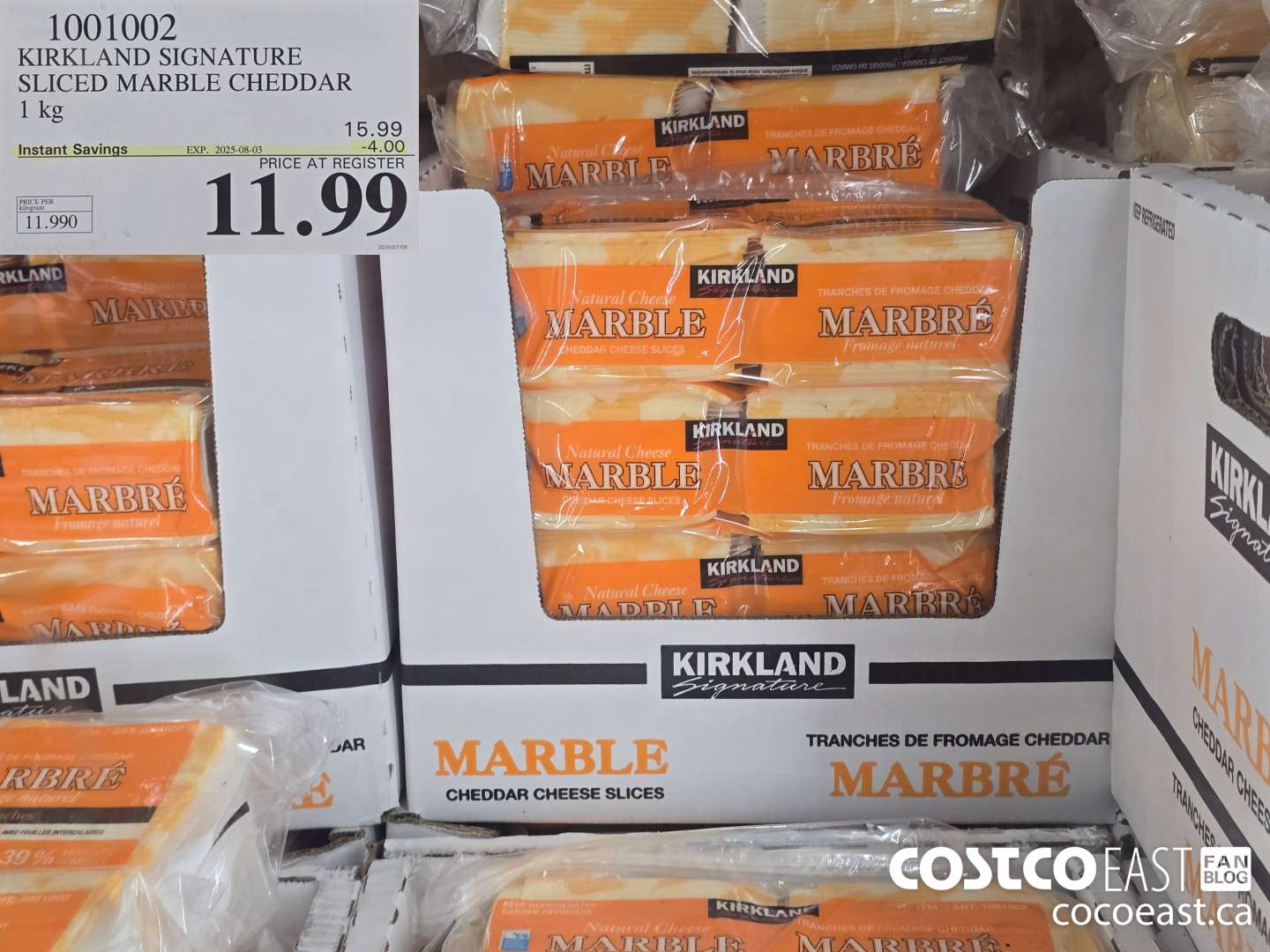 1001002 KIRKLAND SIGNATURE SLICED MARBLE CHEDDAR 1 KG ($4.00 INSTANT SAVINGS EXPIRES ON 2025-08-03) $11.99