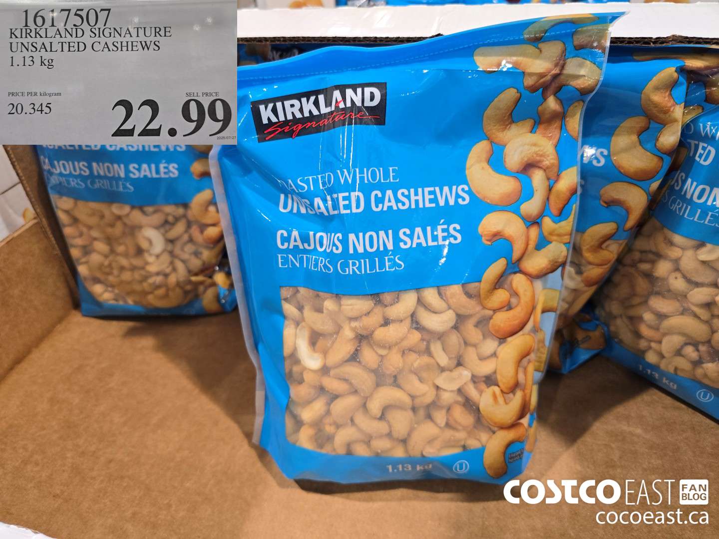 1617507 KIRKLAND SIGNATURE UNSALTED CASHEWS 1.13 KG $22.99
