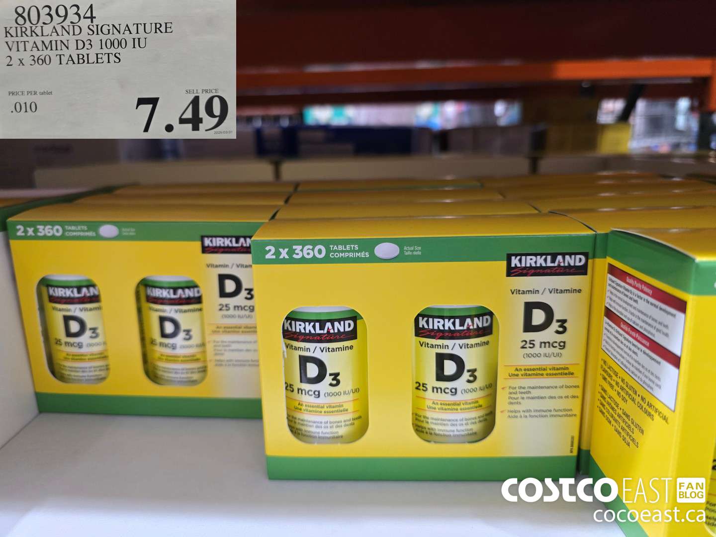 803934 KIRKLAND SIGNATURE VITAMIN D3 1000 IU 2 X 360 TABLETS $7.49