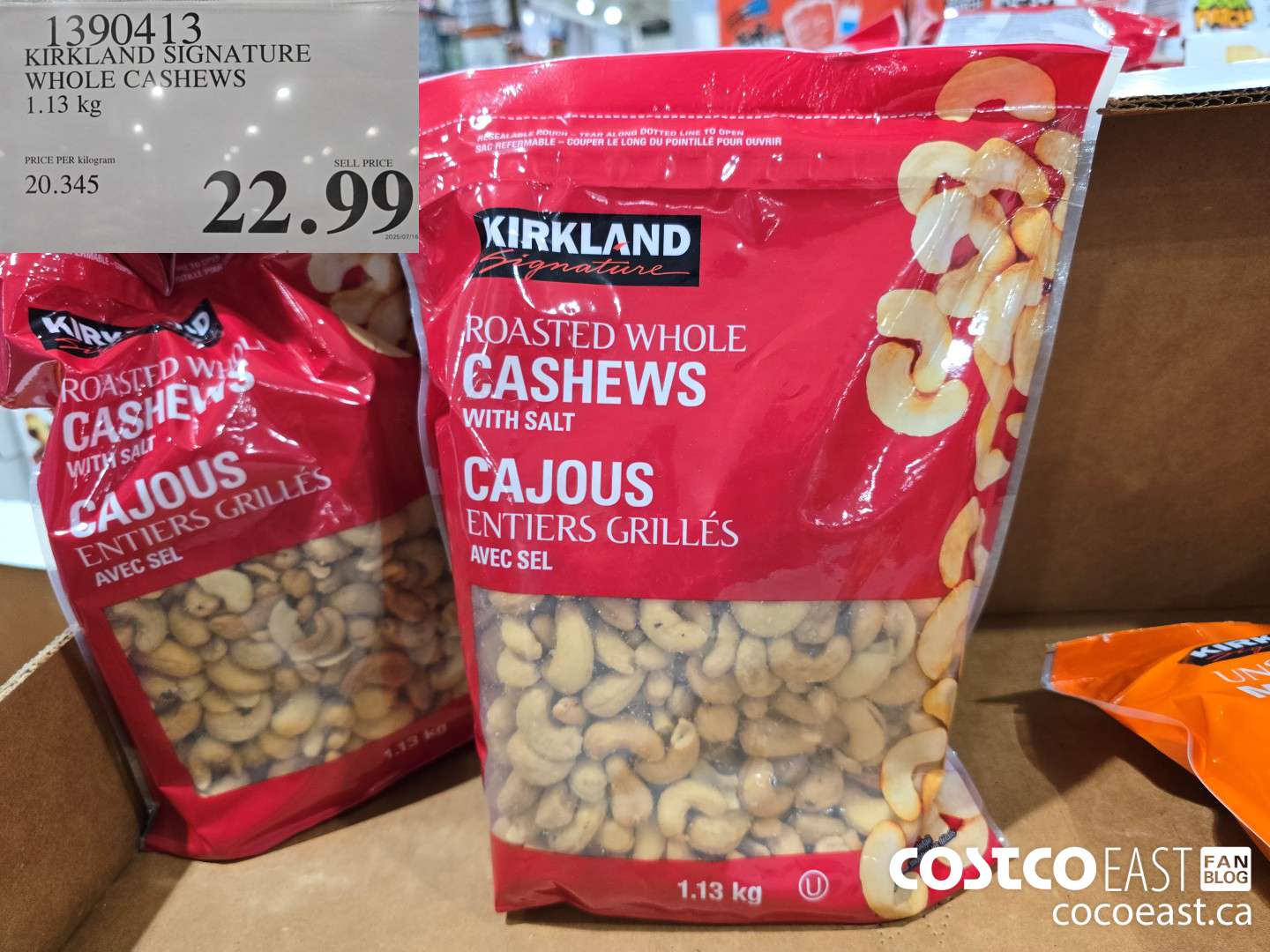 1390413 KIRKLAND SIGNATURE WHOLE CASHEWS 1.13 KG $22.99