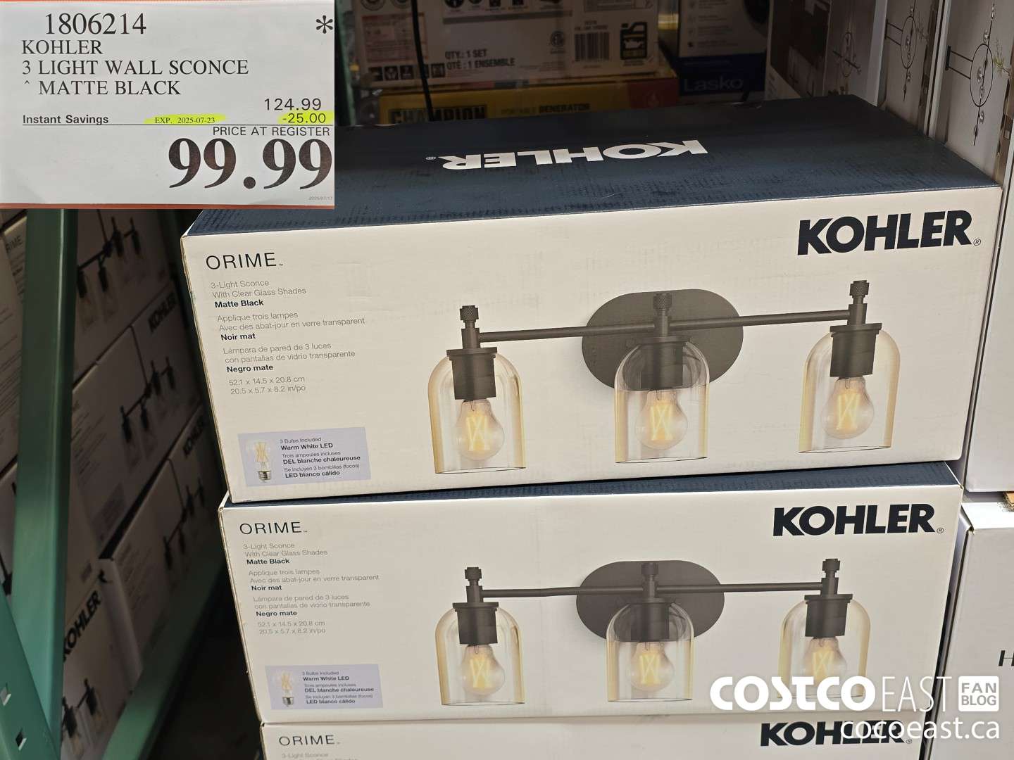 1806214 KOHLER 3 LIGHT WALL SCONCE ~ MATTE BLACK ($25.00 INSTANT SAVINGS EXPIRES ON 2025-07-23) $99.99