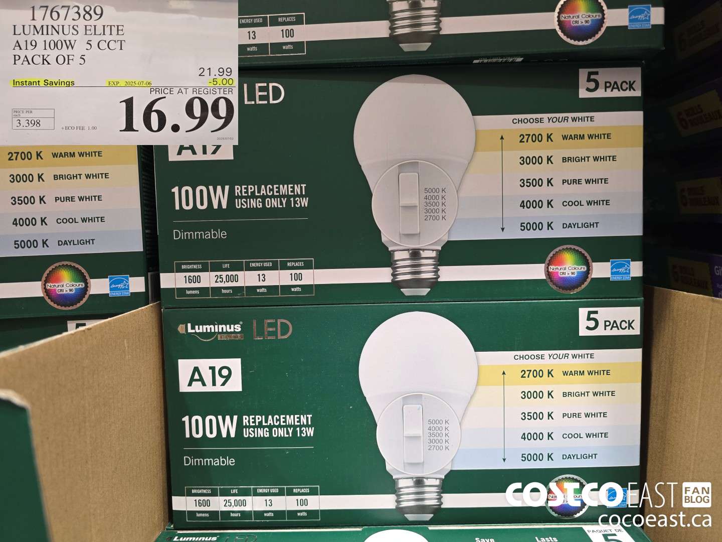 1767389 LUMINUS ELITE A19 100W 5 CCT PACK OF 5 ($5.00 INSTANT SAVINGS EXPIRES ON 2025-07-06) $16.99