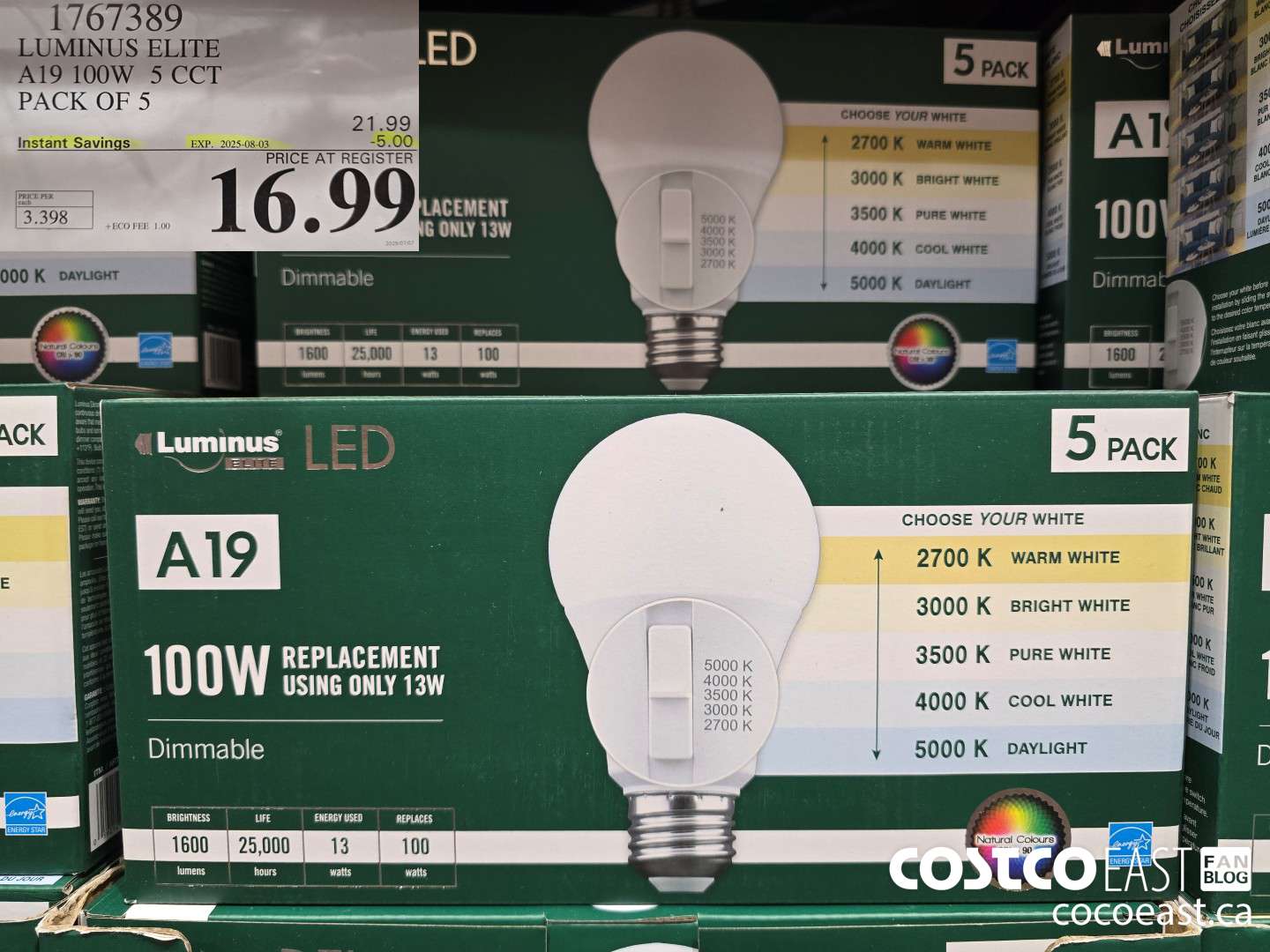 1767389 LUMINUS ELITE A19 100W 5 CCT PACK OF 5 ($5.00 INSTANT SAVINGS EXPIRES ON 2025-08-03) $16.99