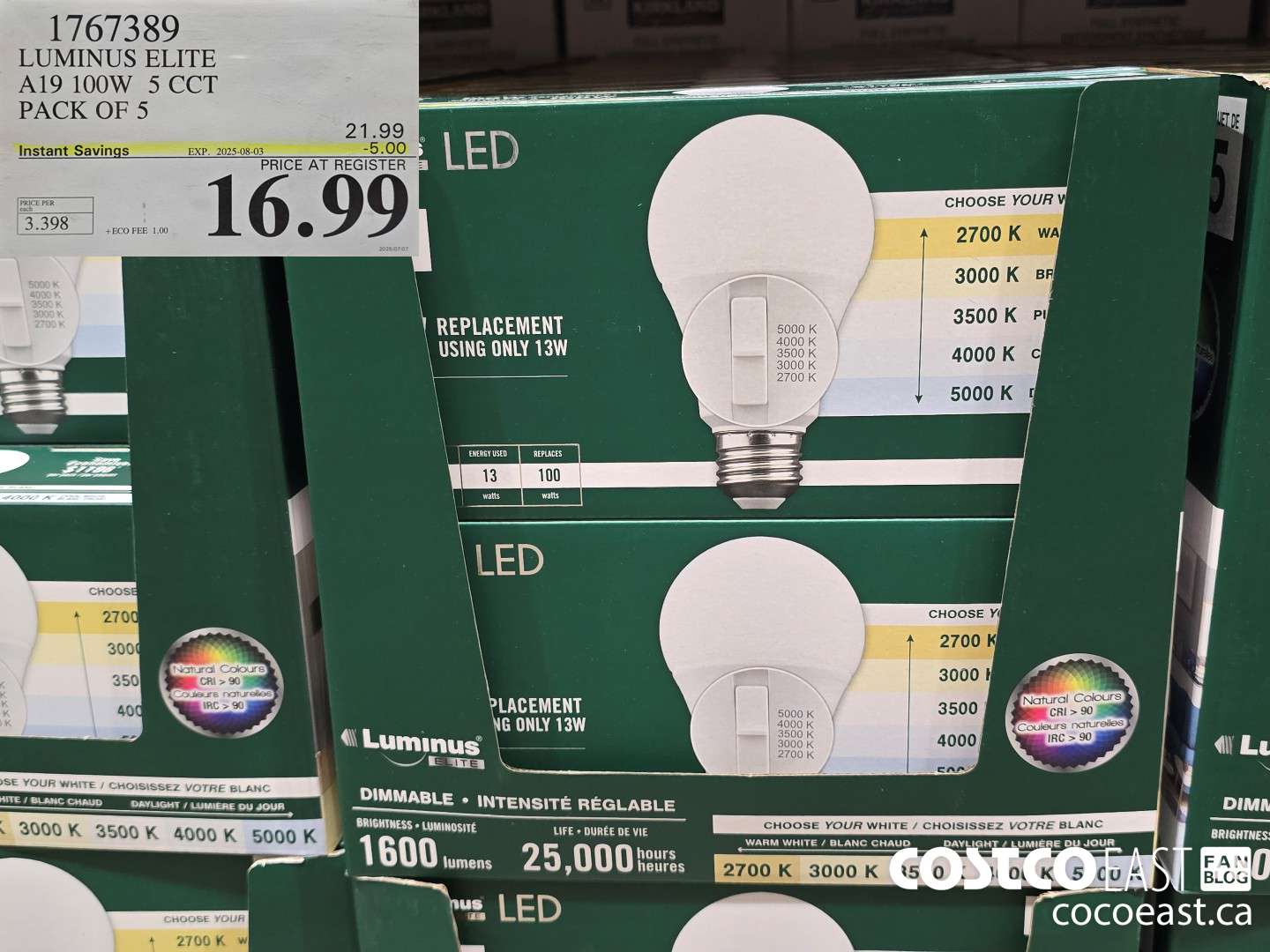 1767389 LUMINUS ELITE A19 100W 5 CCT PACK OF 5 ($5.00 INSTANT SAVINGS EXPIRES ON 2025-08-03) $16.99