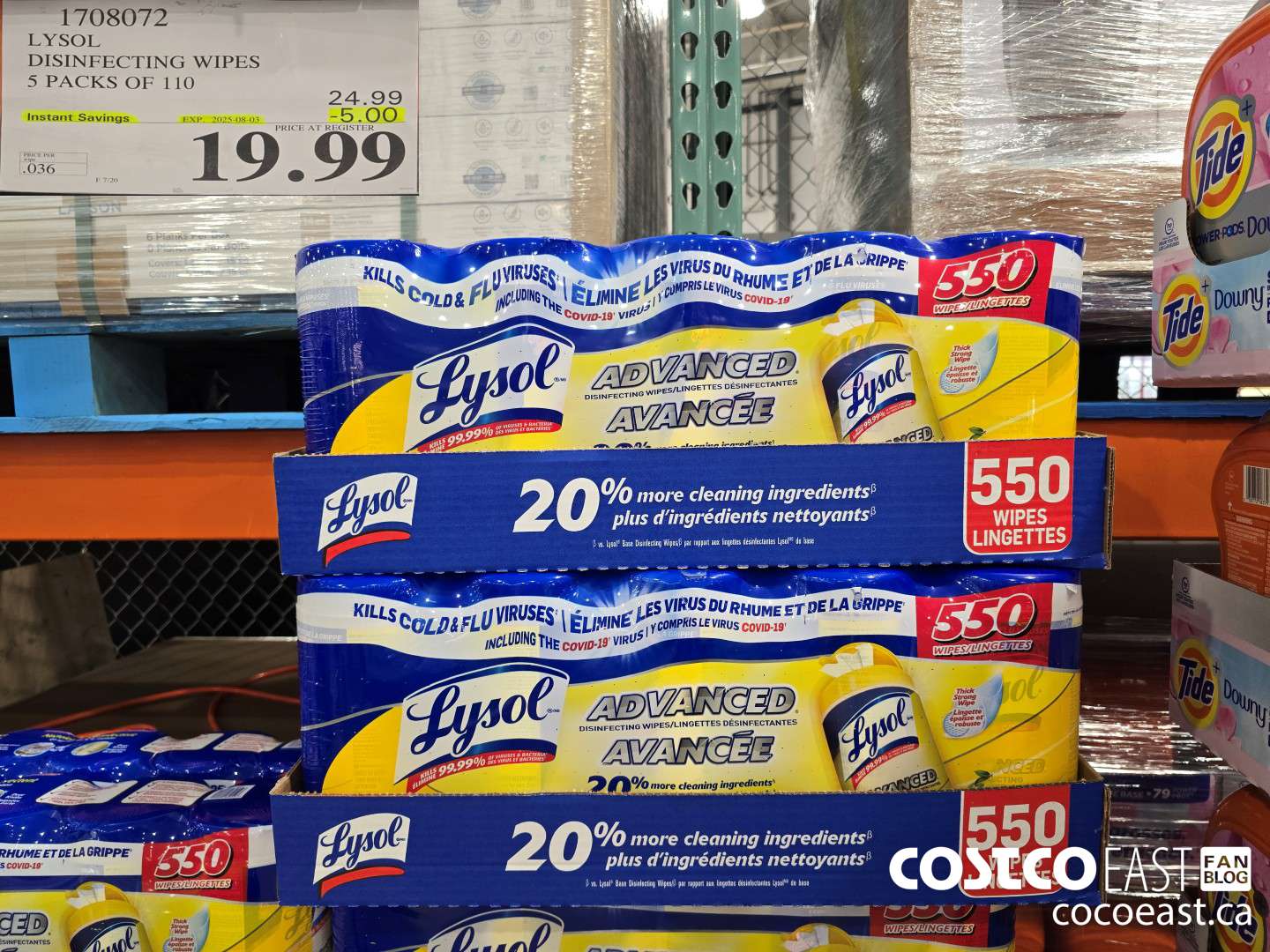 1708072 LYSOL DISINFECTING WIPES 5 PACKS OF 110 ($5.00 INSTANT SAVINGS EXPIRES ON 2025-08-03) $19.99