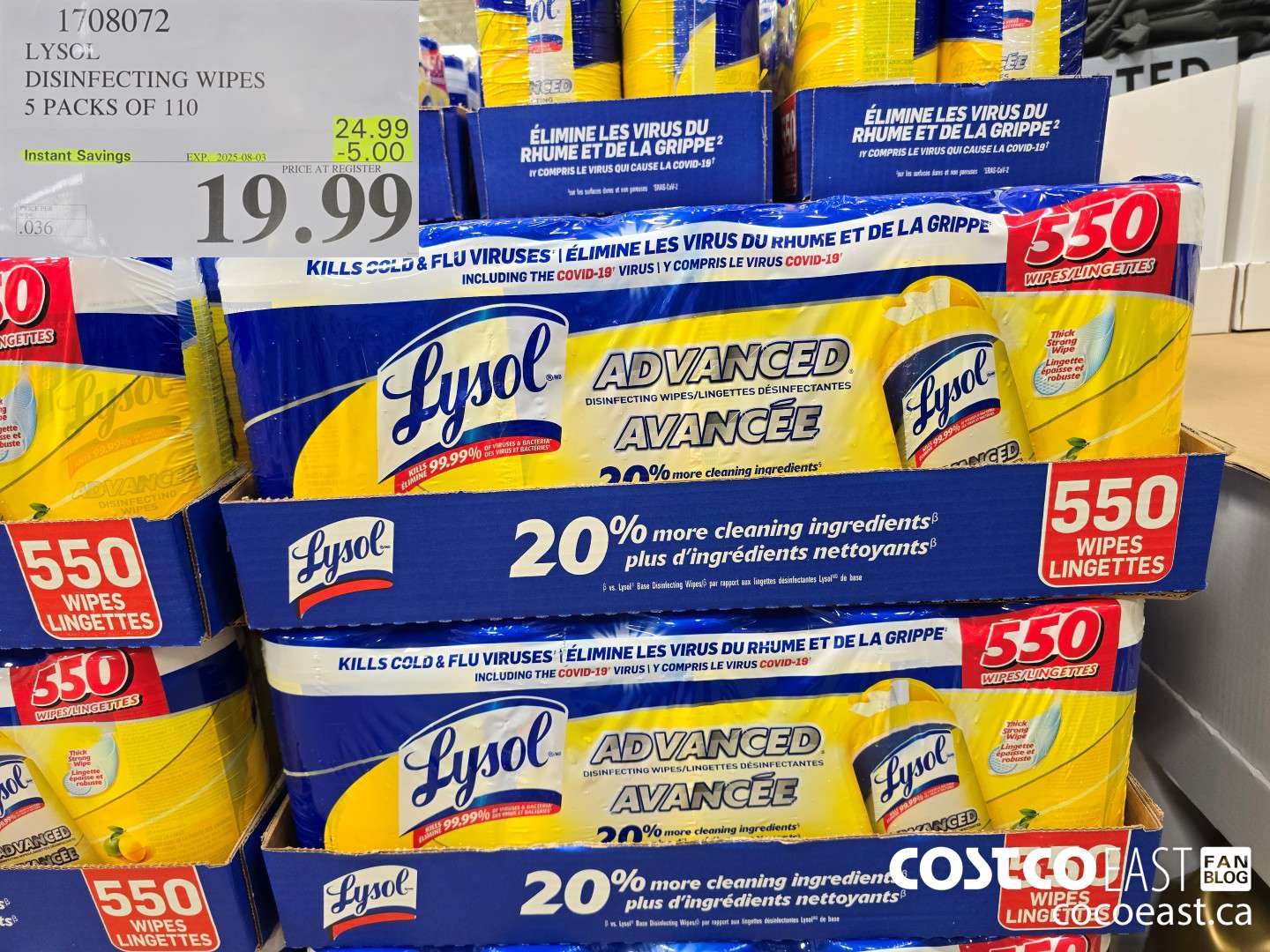 1708072 LYSOL DISINFECTING WIPES 5 PACKS OF 110 ($5.00 INSTANT SAVINGS EXPIRES ON 2025-08-03) $19.99