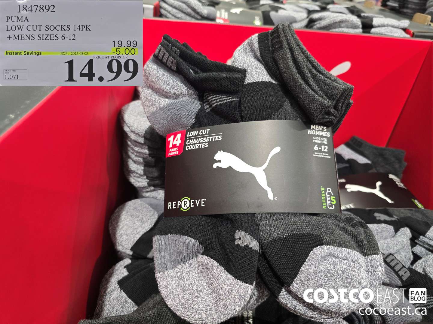 1847892 PUMA LOW CUT SOCKS 14PK +MENS SIZES 6-12 ($5.00 INSTANT SAVINGS EXPIRES ON 2025-08-03) $14.99
