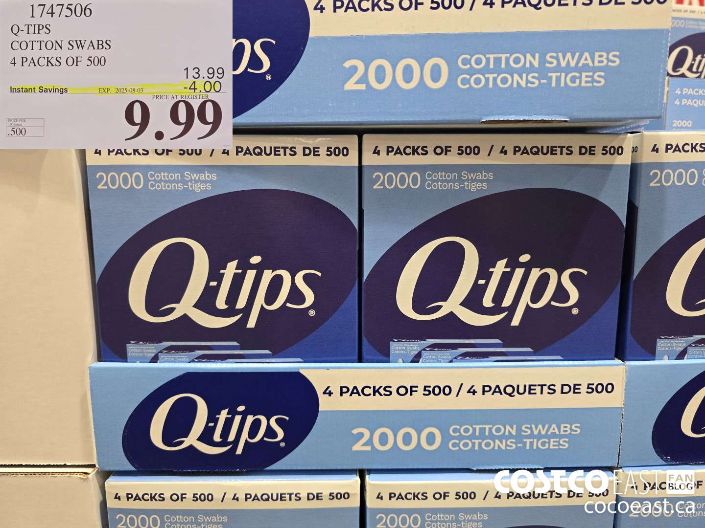 1747506 Q-TIPS COTTON SWABS 4 PACKS OF 500 ($4.00 INSTANT SAVINGS EXPIRES ON 2025-08-03) $9.99