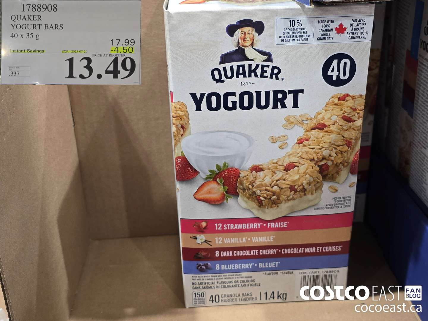 1788908 QUAKER YOGURT BARS 40 x 35g ($4.50 INSTANT SAVINGS EXPIRES ON 2025-07-20) $13.49