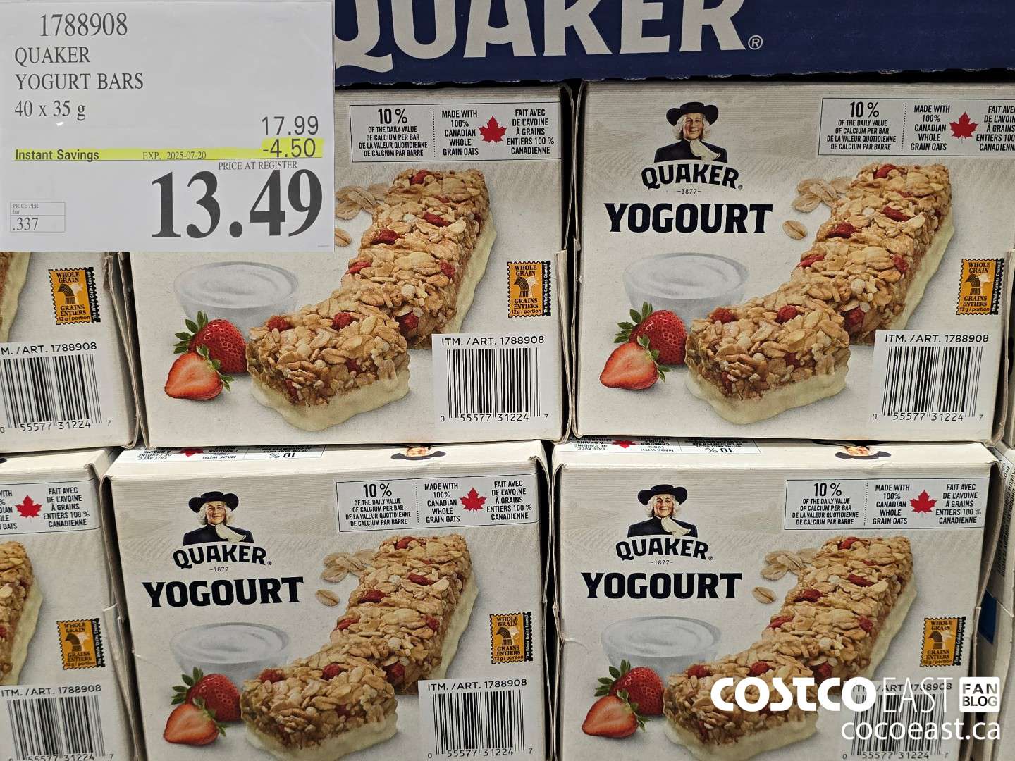 1788908 QUAKER YOGURT BARS 40 x 35g ($4.50 INSTANT SAVINGS EXPIRES ON 2025-07-20) $13.49