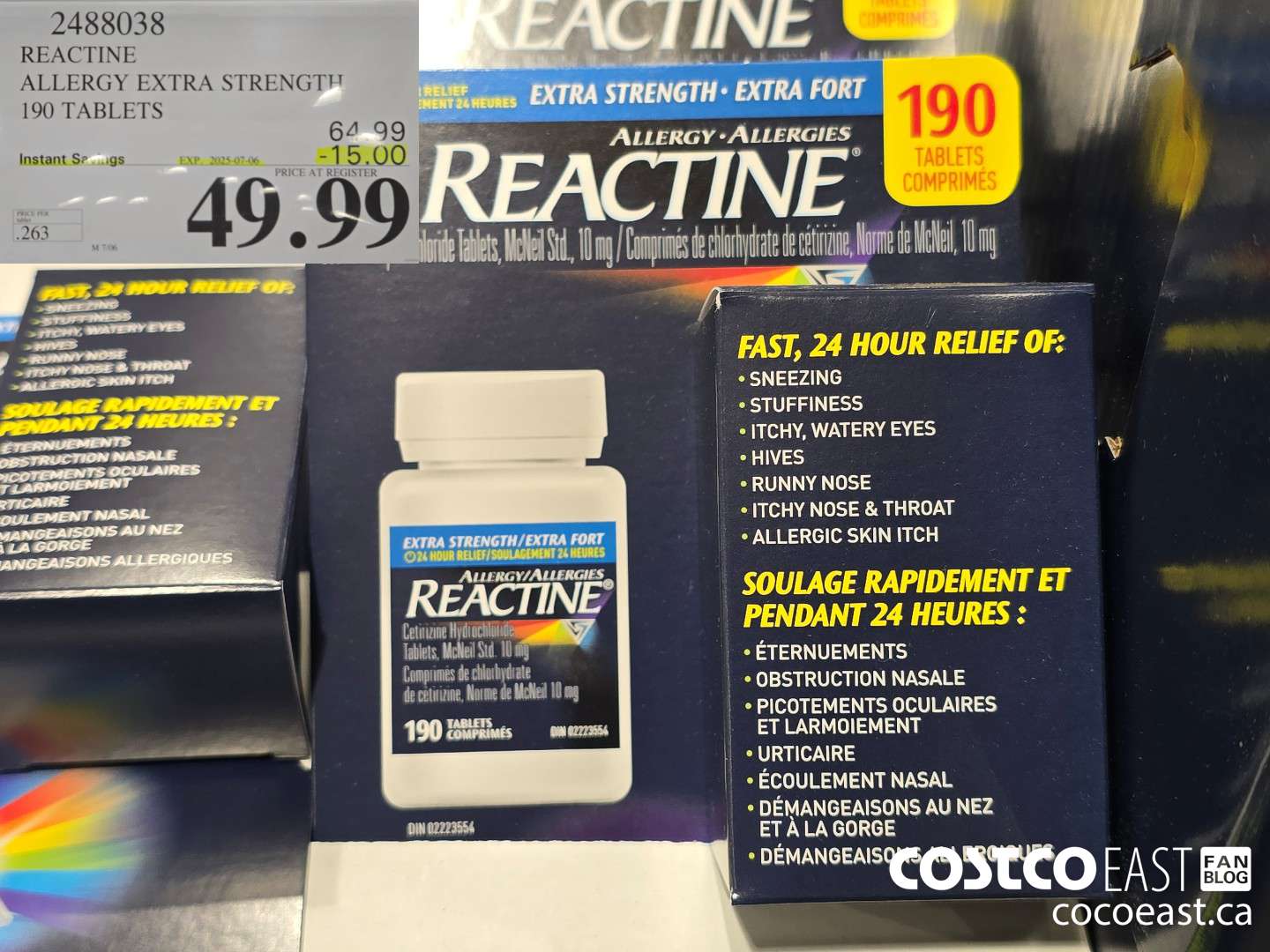 2488038 REACTINE ALLERGY EXTRA STRENGTH 190 TABLETS ($15.00 INSTANT SAVINGS EXPIRES ON 2025-07-06) $49.99