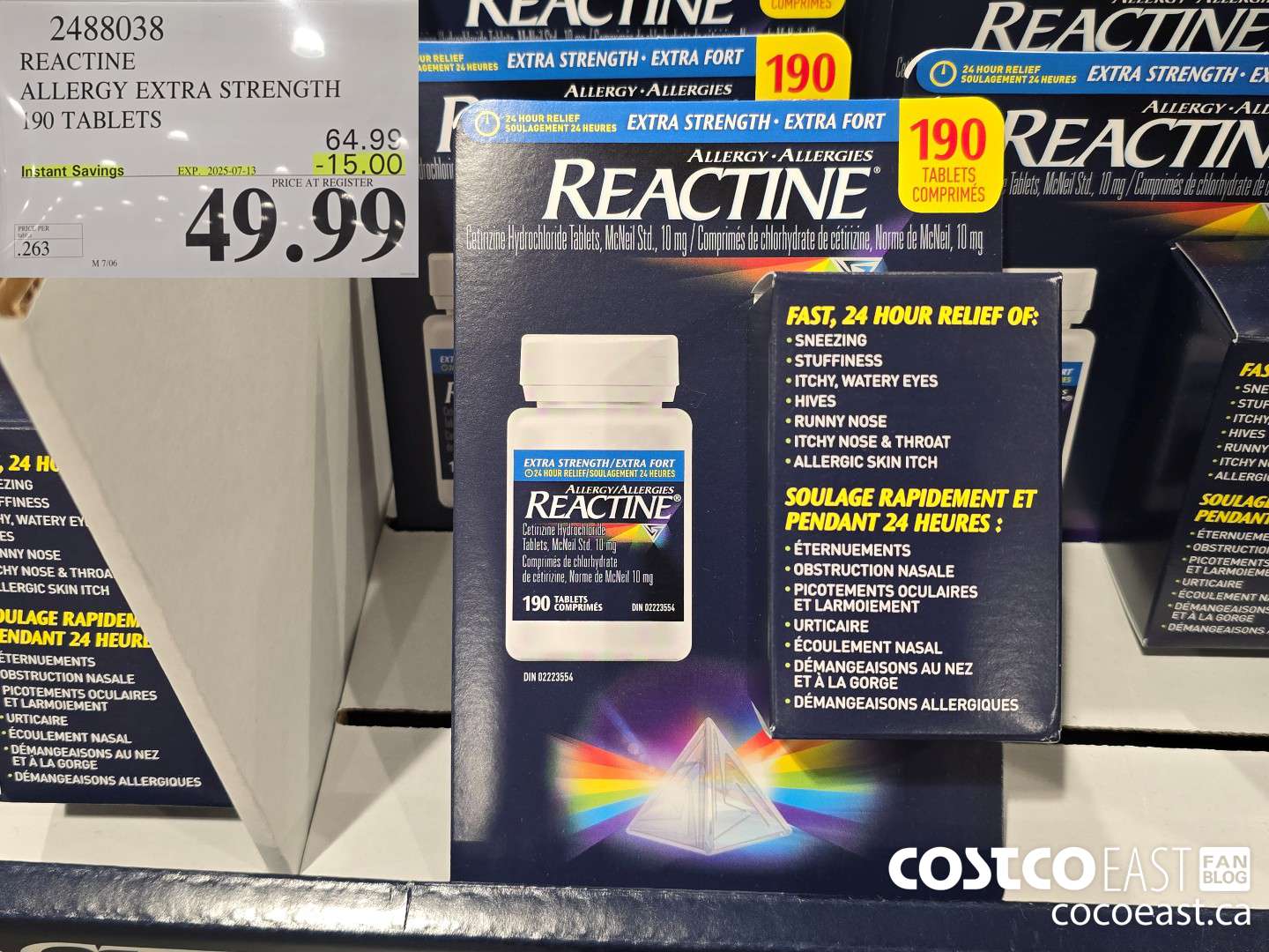 2488038 REACTINE ALLERGY EXTRA STRENGTH 190 TABLETS ($15.00 INSTANT SAVINGS EXPIRES ON 2025-07-13) $49.99