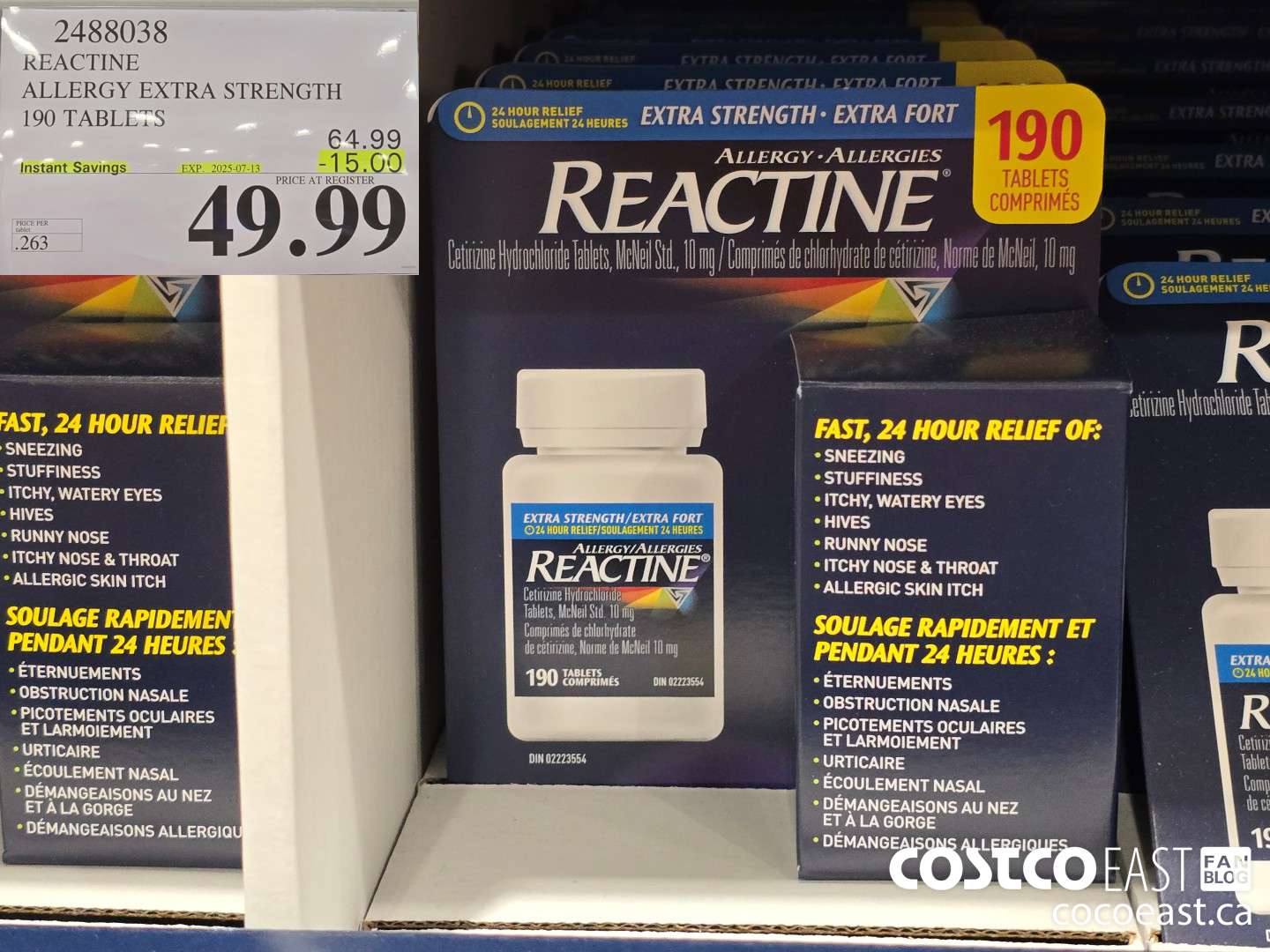 2488038 REACTINE ALLERGY EXTRA STRENGTH 190 TABLETS ($15.00 INSTANT SAVINGS EXPIRES ON 2025-07-13) $49.99