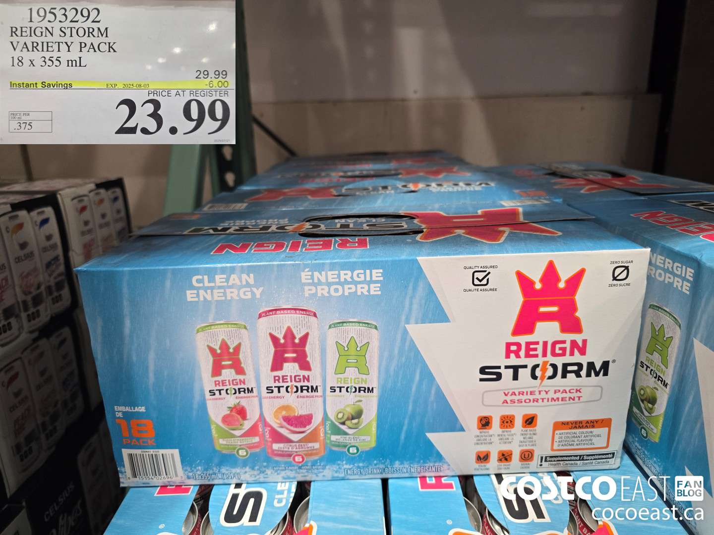 1953292 REIGN STORM VARIETY PACK 18 x 355 mL ($6.00 INSTANT SAVINGS EXPIRES ON 2025-08-03) $23.99