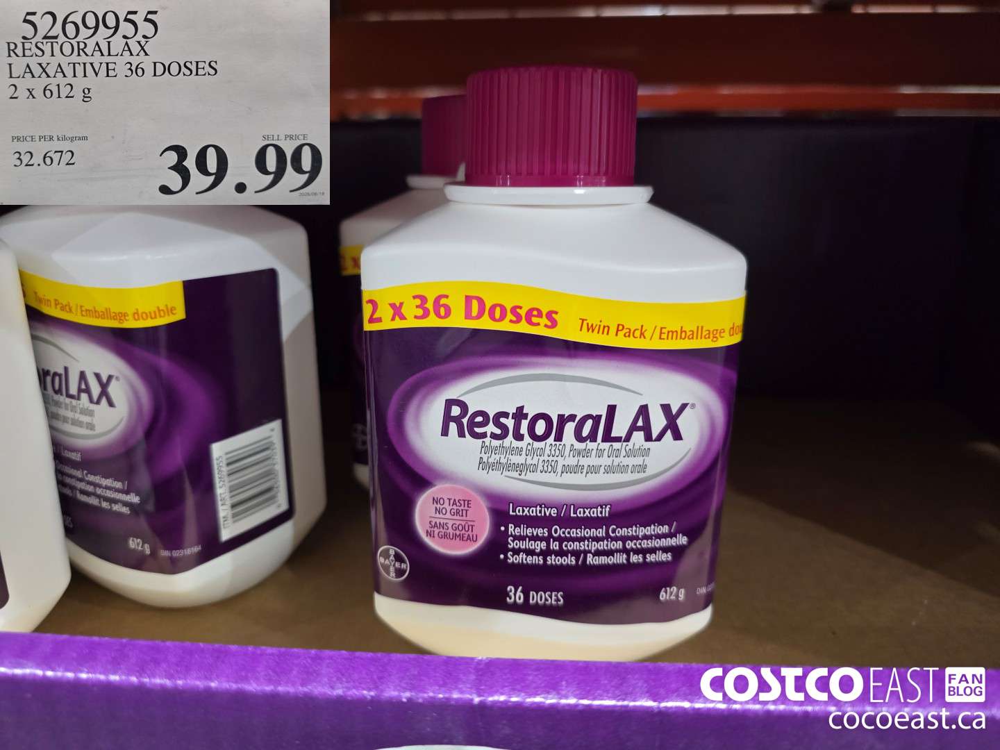 5269955 RESTORALAX LAXATIVE 2 X 621 DOSES $39.99
