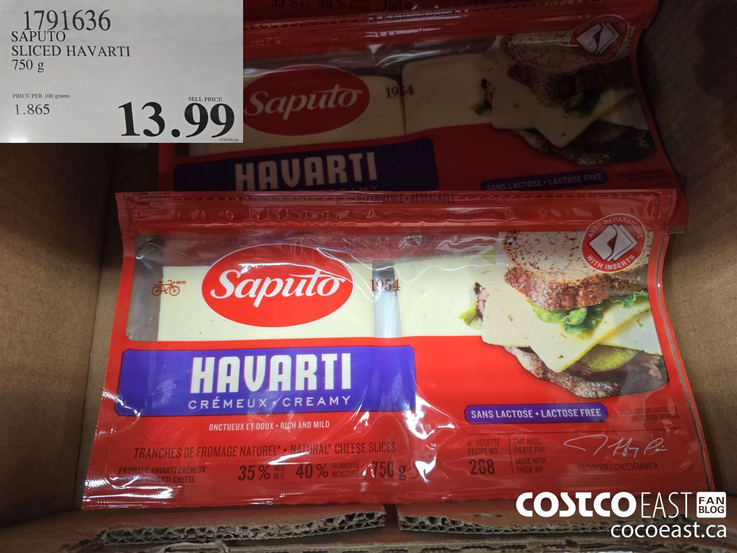 1791636 SAPUTO SLICED HAVARTI 750 G $13.99