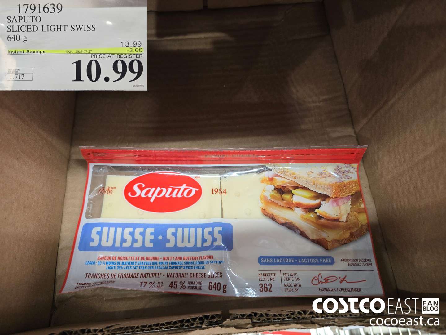 1791639 SAPUTO SLICED LIGHT SWISS 640 g  ($3.00 INSTANT SAVINGS EXPIRES ON 2025-07-27) $10.99