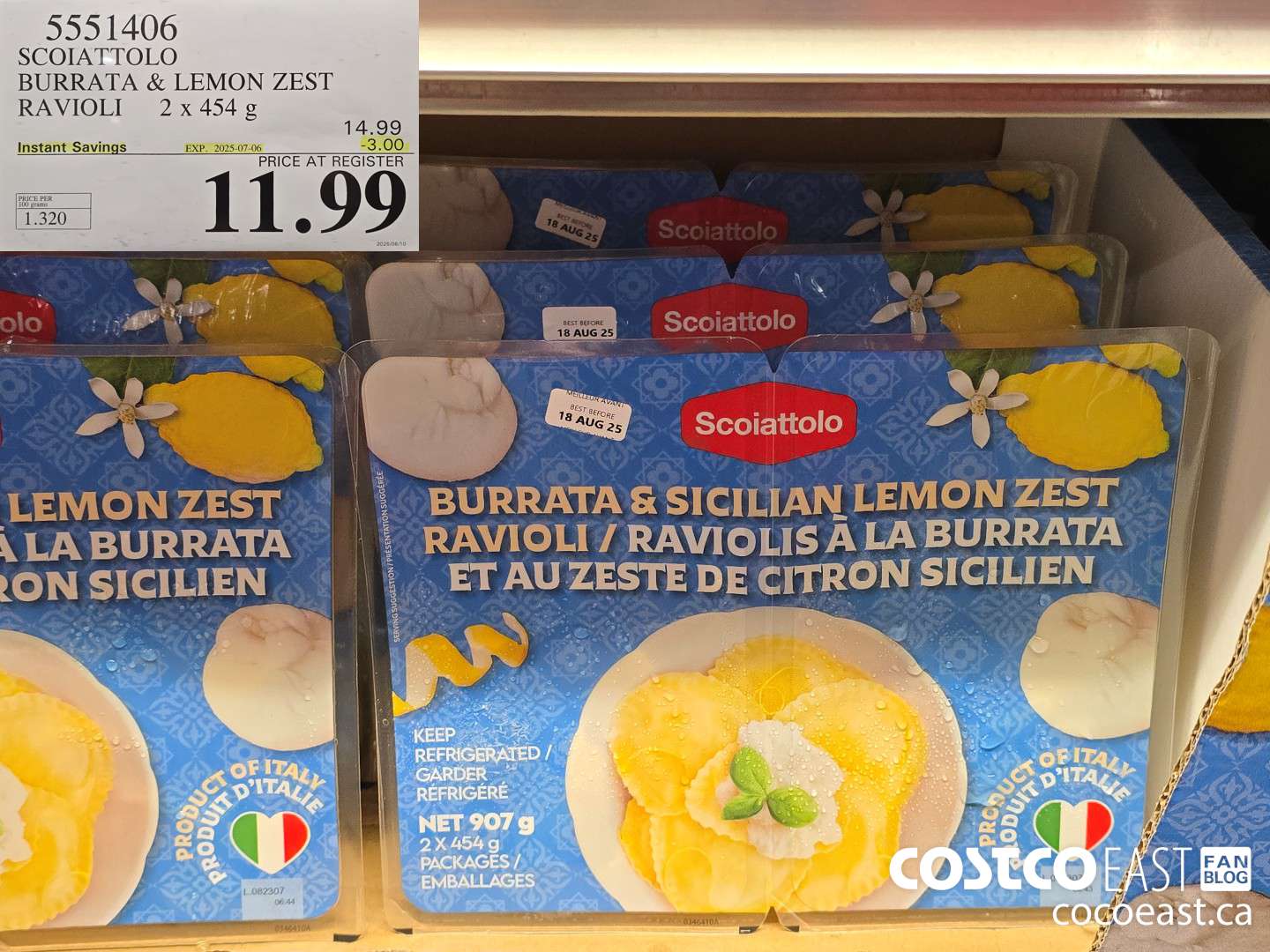 5551406 SCOIATTOLO BURRATA & LEMON ZEST RAVIOLI 2 x 454 G ($3.00 INSTANT SAVINGS EXPIRES ON 2025-07-06) $11.99