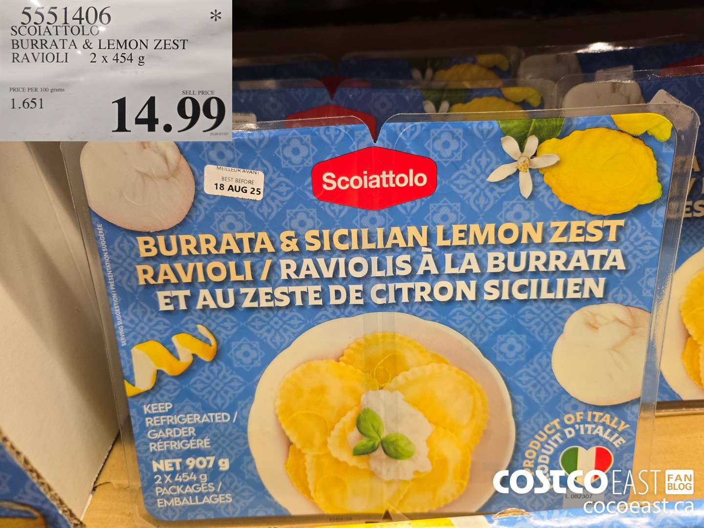 5551406 SCOIATTOLO BURRATA & LEMON ZEST RAVIOLI 2 x 454 G $14.99