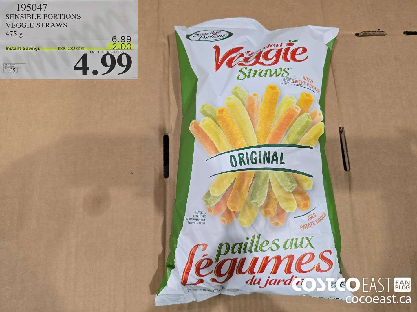 195047 SENSIBLE PORTIONS VEGGIE STRAWS 475 g 2028-11 ($2.00 INSTANT SAVINGS EXPIRES ON 2025-08-03) $4.99